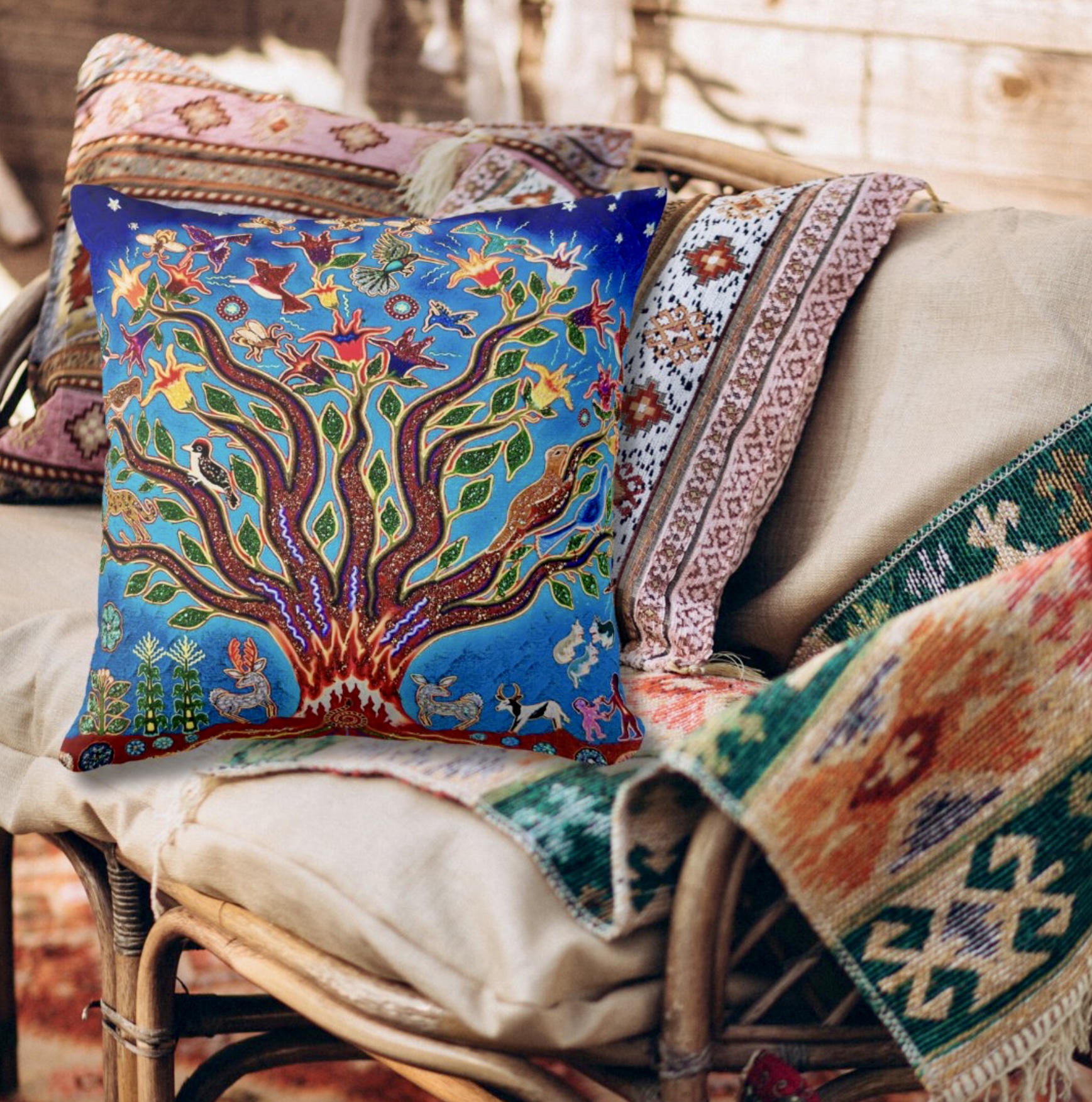 Mystical Tree of Life Bohemian Pillow with customizable personalization option.