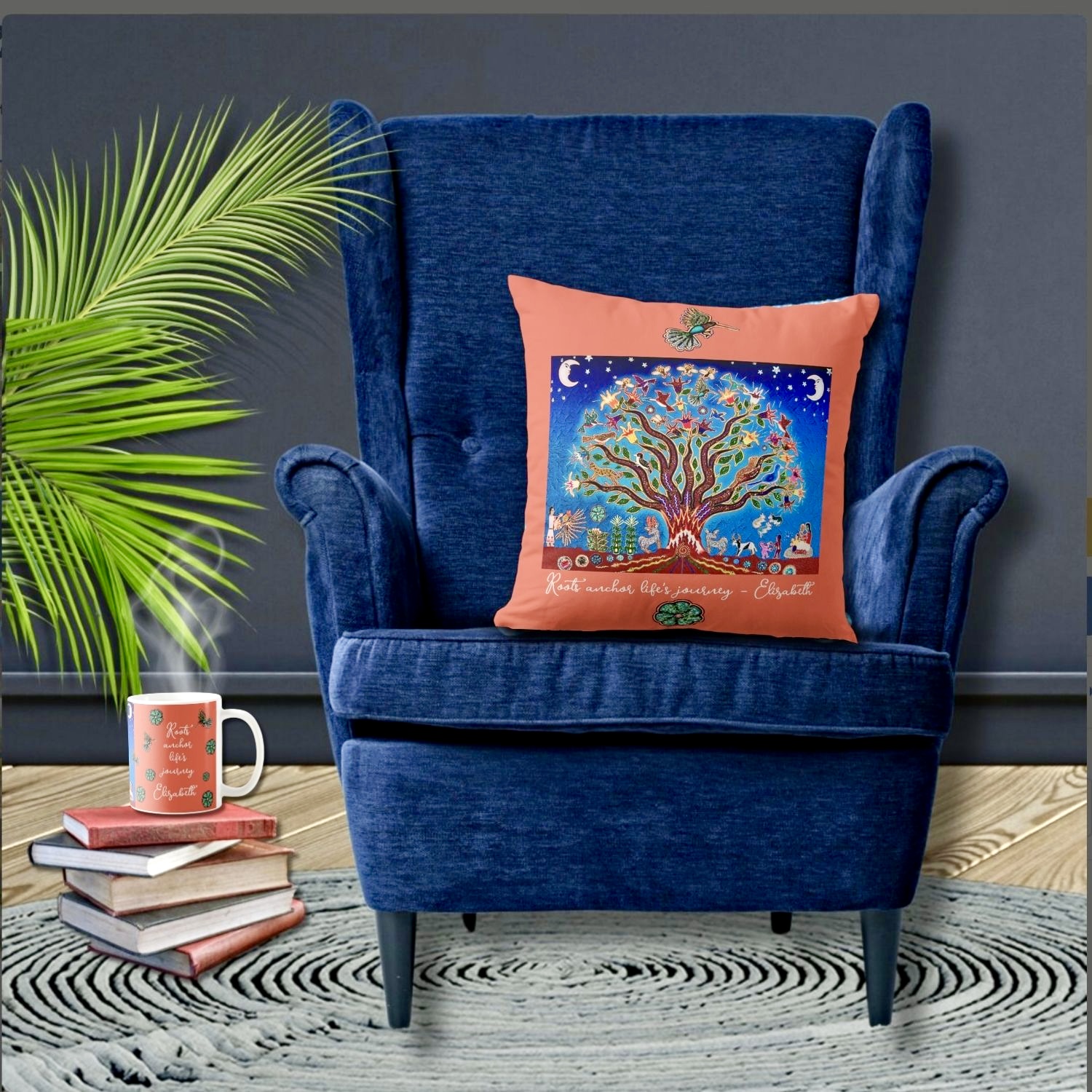 Bohemian-style mug and pillow featuring a mystical Tree of Life design against a vibrant backdrop.