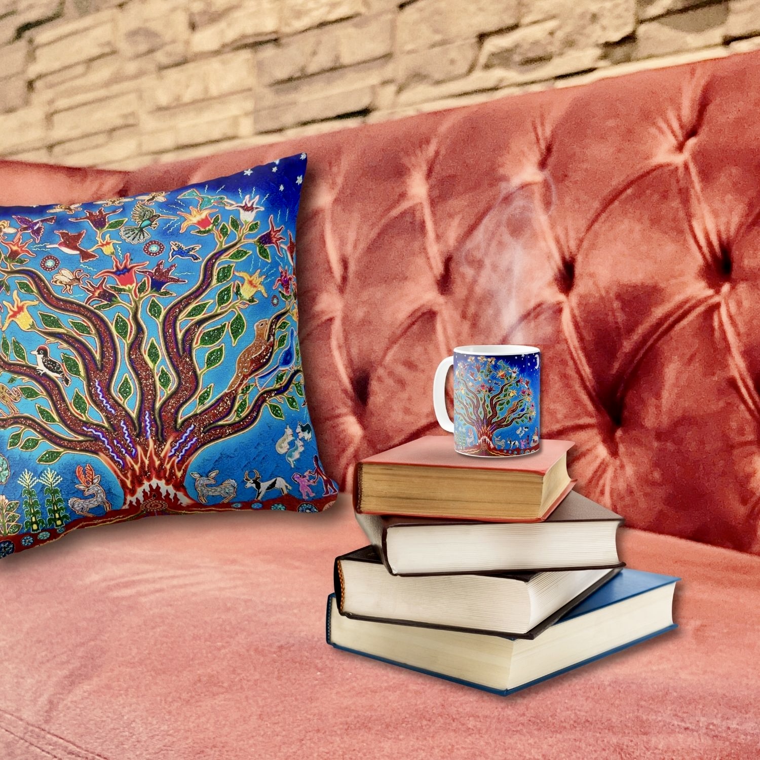 Mystical Tree of Life mug and pillow featuring customizable personalization options.