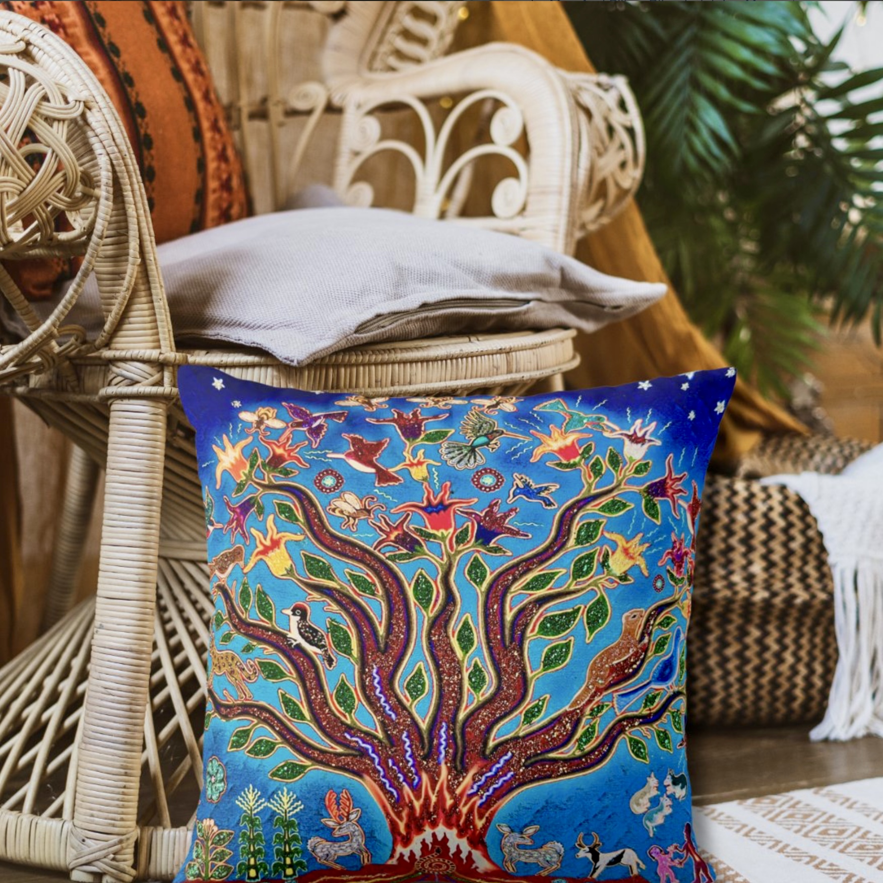 Colorful and eclectic Mystical Tree of Life Pillow with personalization.