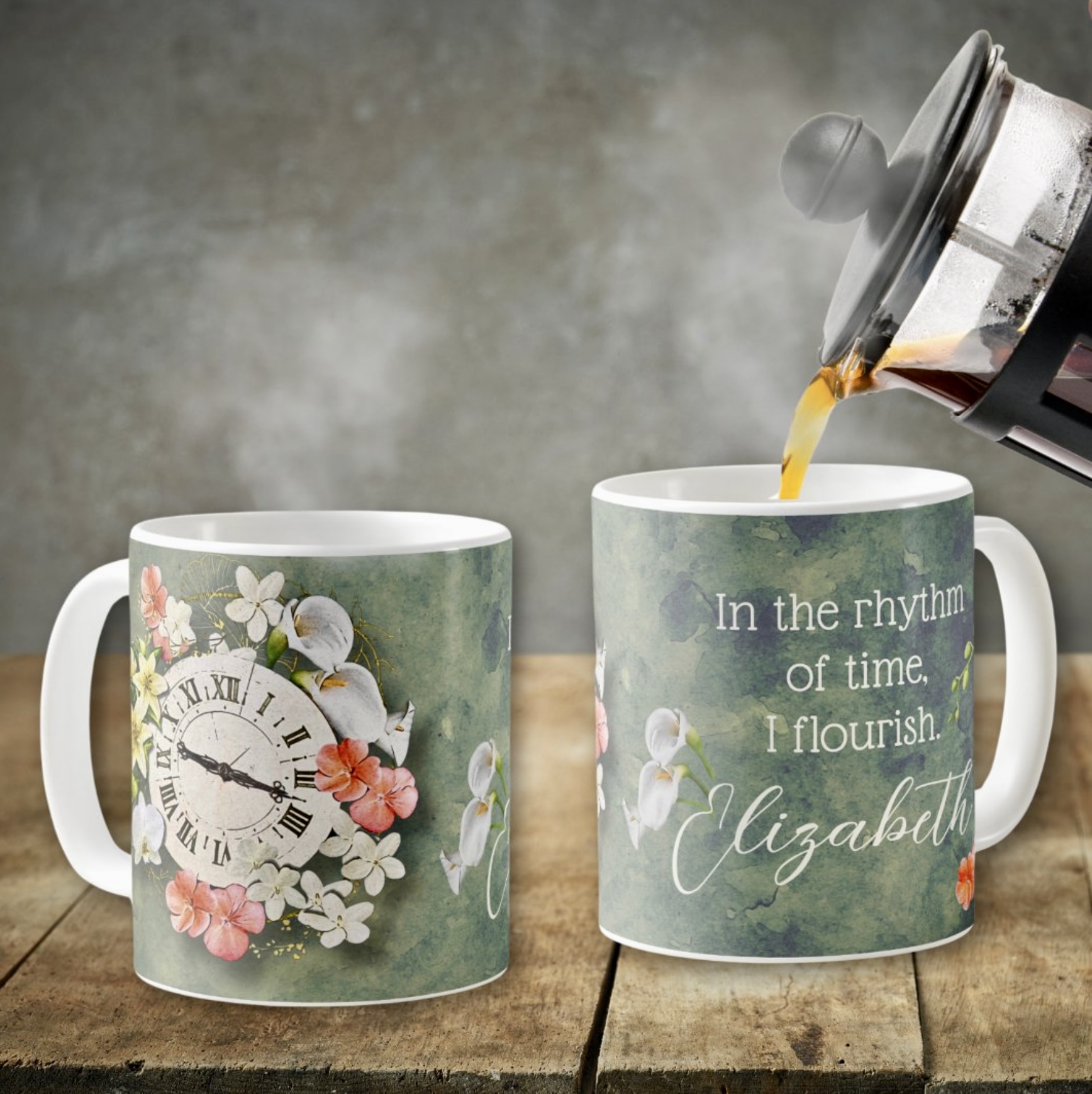 Front and back view of the Nostalgic Flowers Clock Mug, showcasing its intricate design.