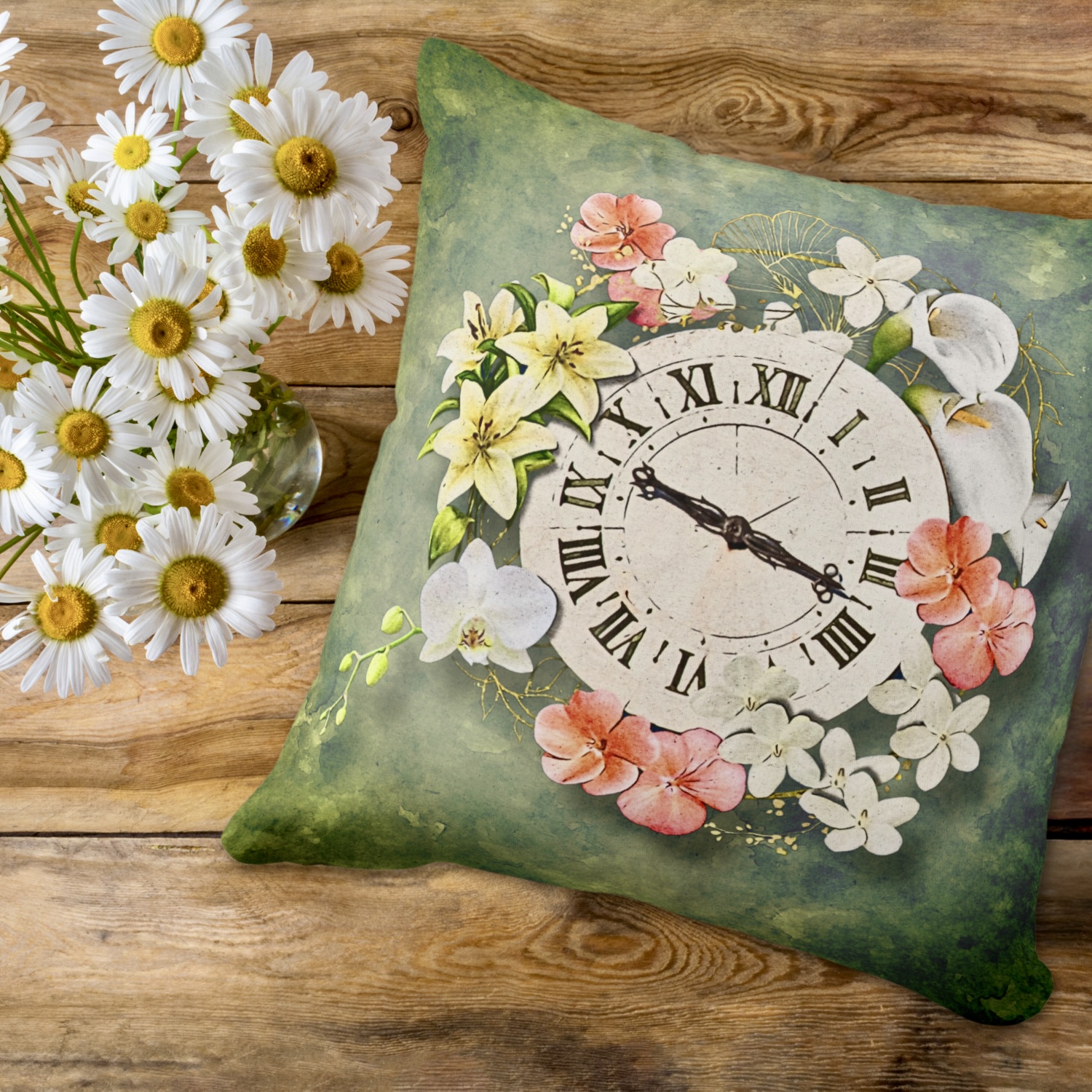 Moss green throw pillow with a wall clock as center piece, surrounded by white, yellow and soft pink flowers. Victorian style. 