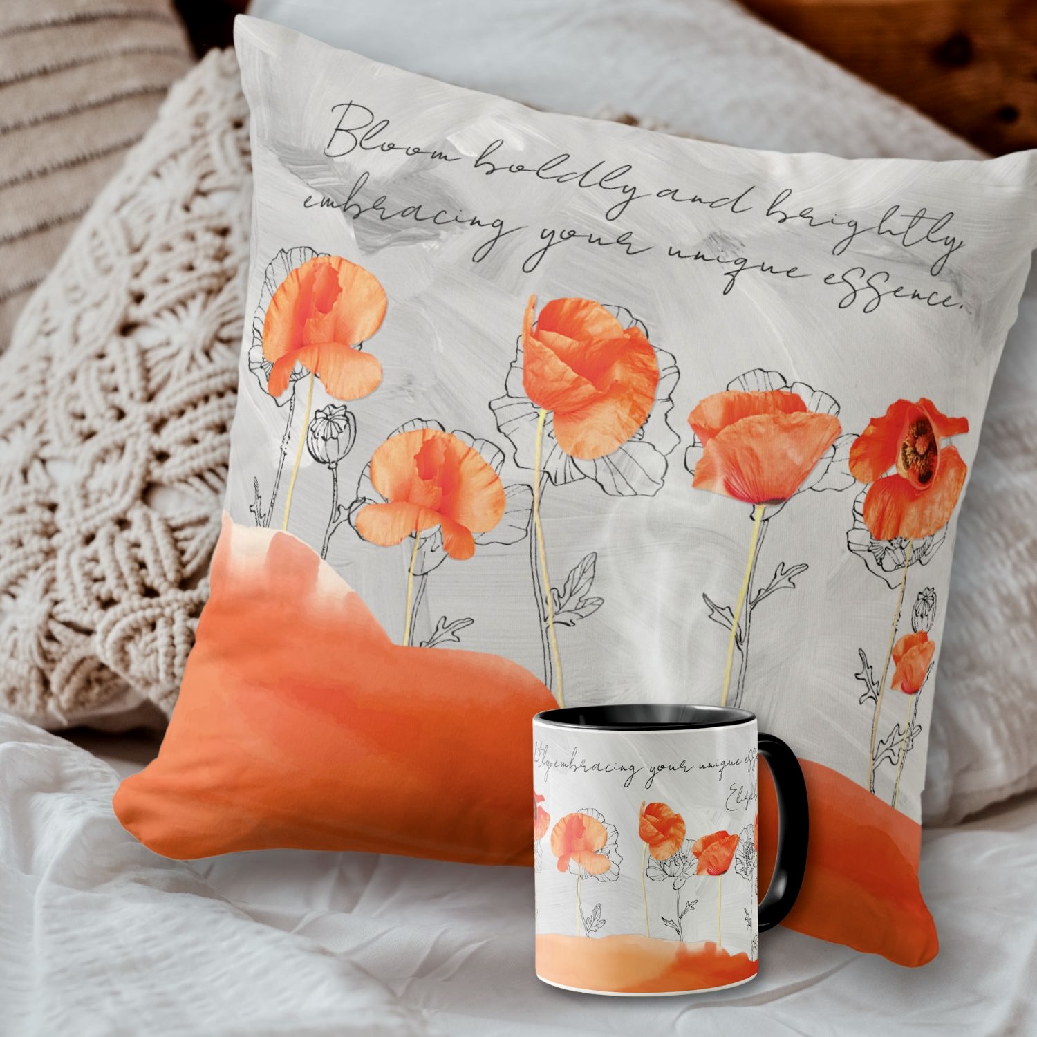 A bohemian-style mug and pillow adorned with orange and gray flowers, customizable with a name and personal message.