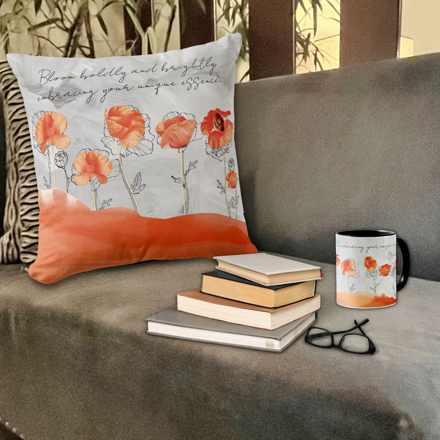 Peach color flowers matching mug and pillow. Both with space for customizable message and name.