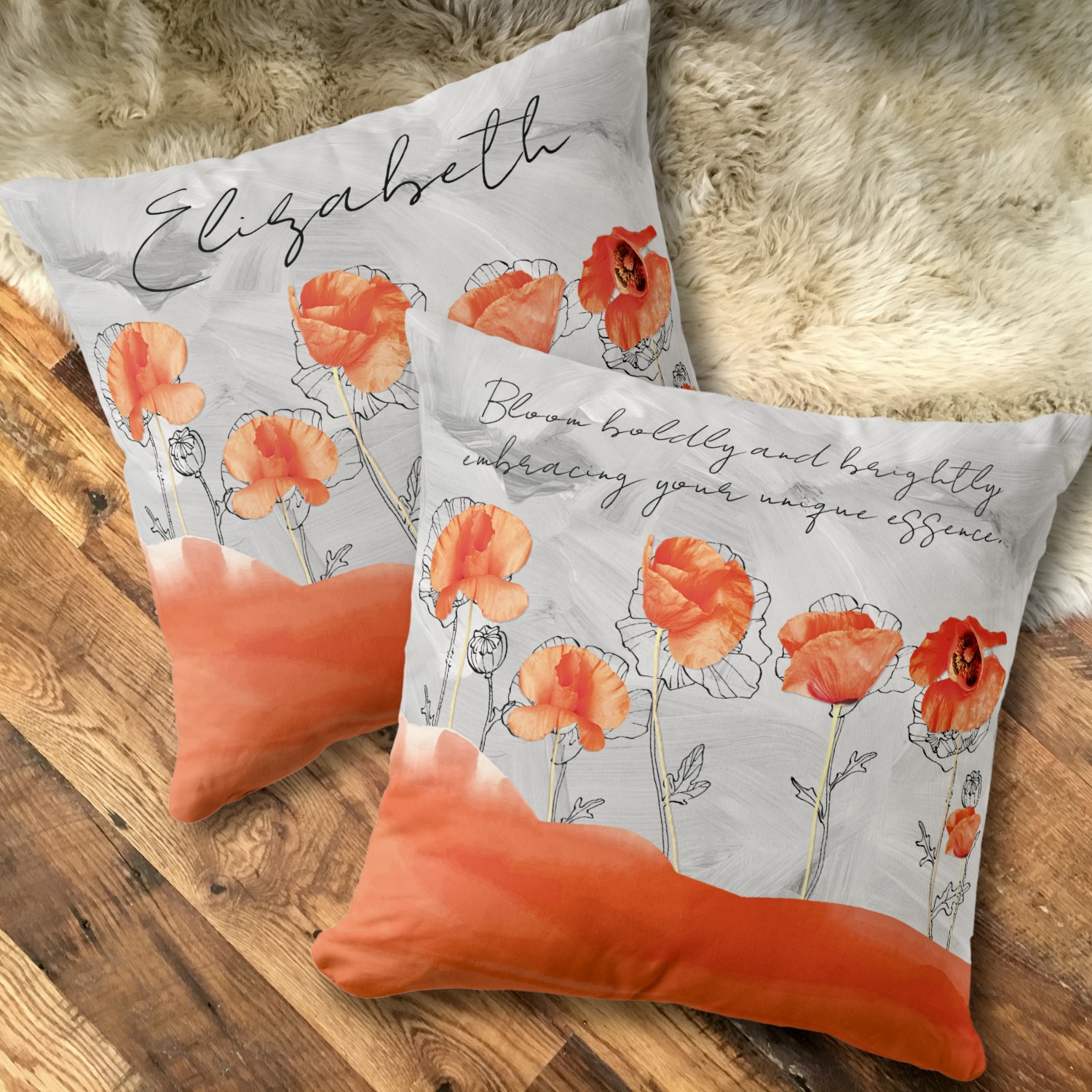 Two peach color poppy flowers throw pillows with a gray background, and space for inspirational message and name.