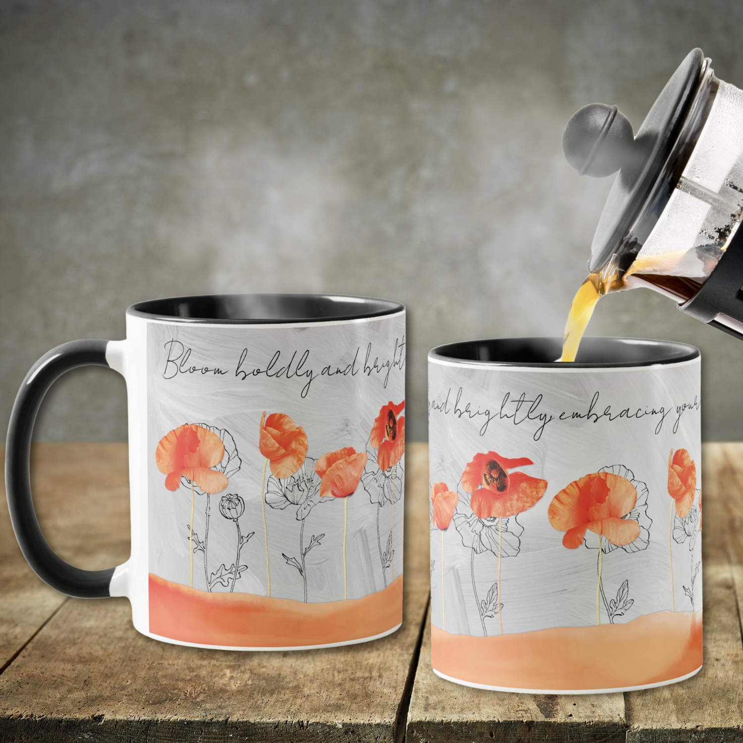 Two washed out gray coffee mugs with peach color poppy flowers. Contrasting and eclectic design.