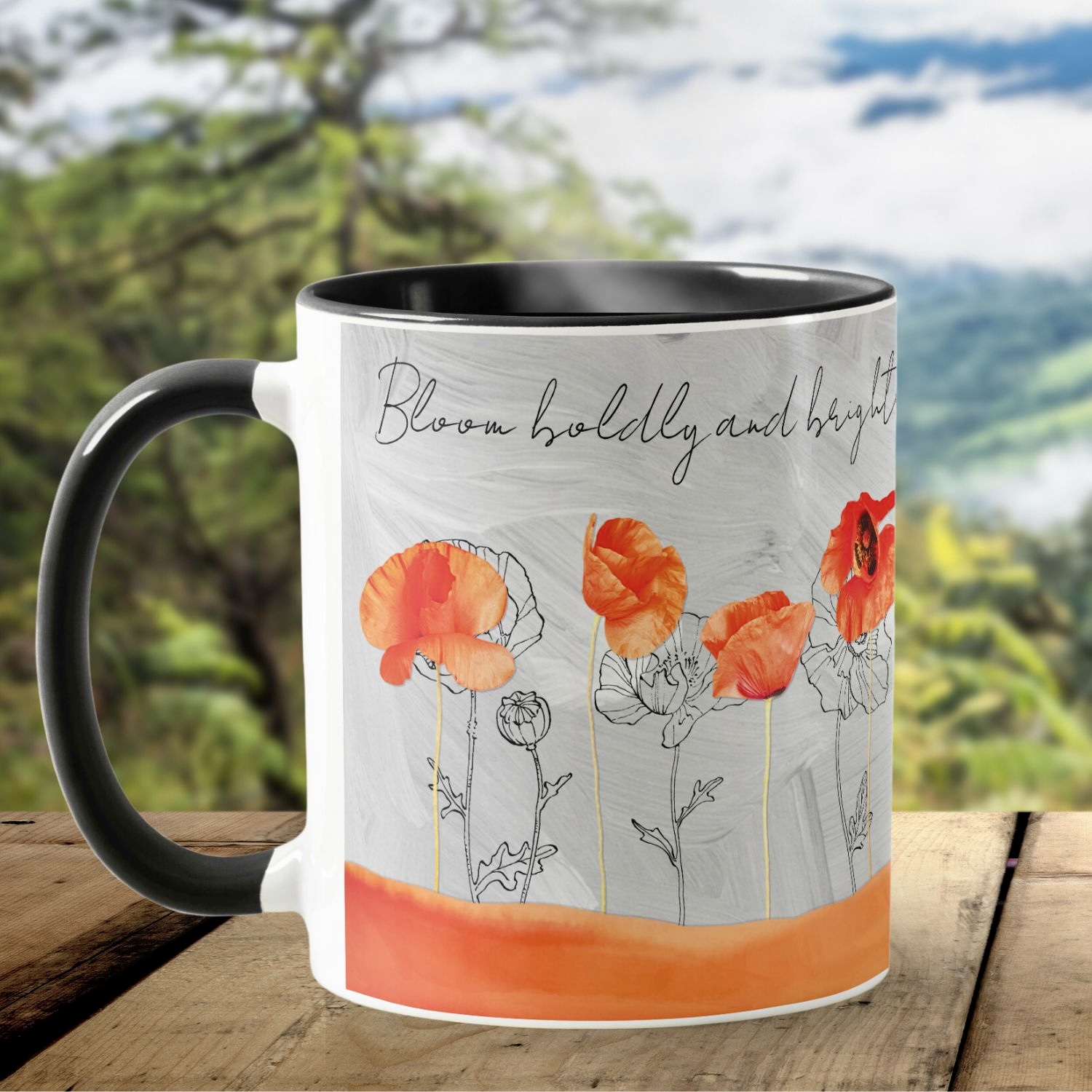 A bohemian eclectic mug adorned with poppy flowers, customizable with a name and special message.