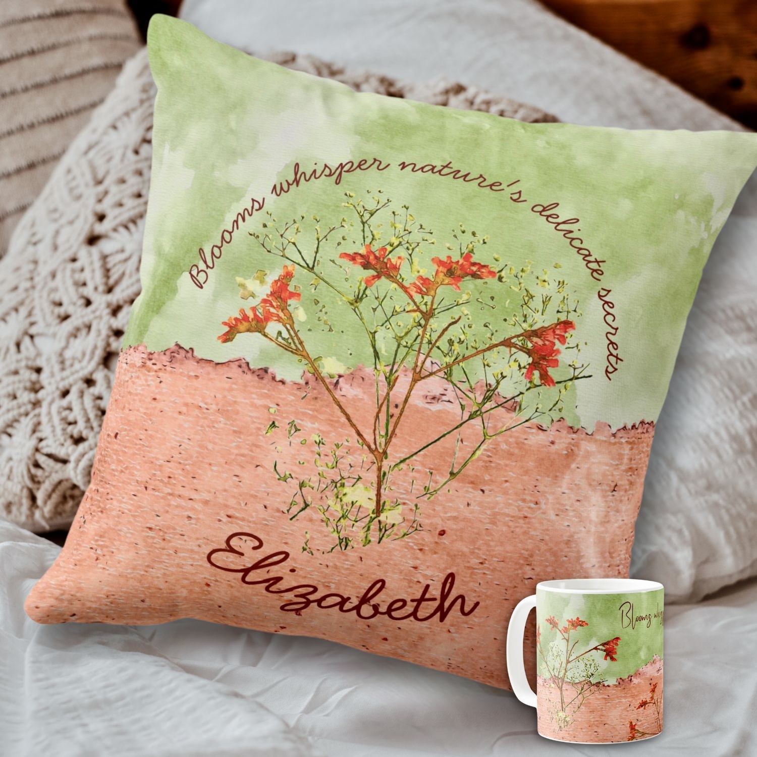 Bohemian pink flowers collage with a delicate green foliage mug and pillow, both customizable for special messages and names.