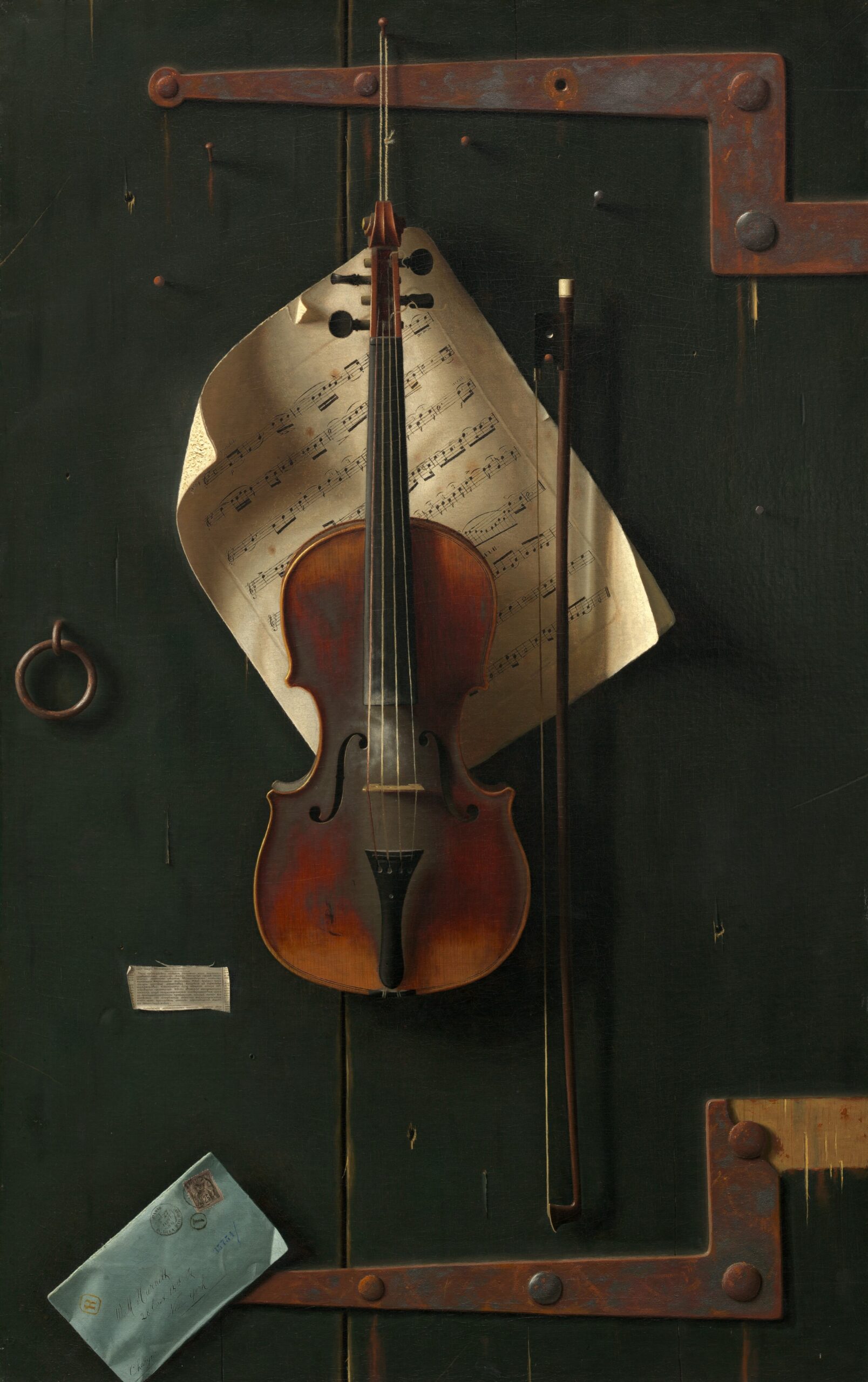 Oil canva painting of still life. Vintage violin and a music sheet are main elements. Dark green and brown colors.