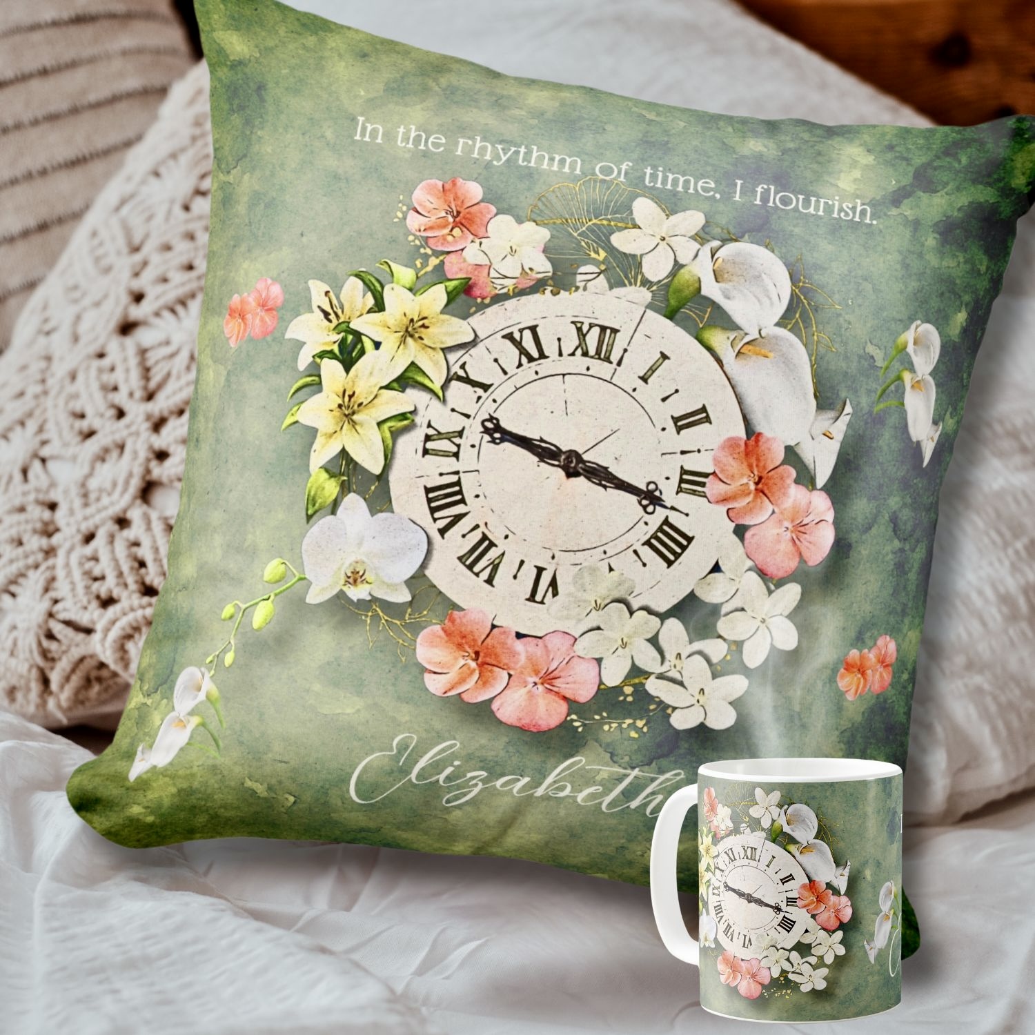 Close-up view of personalized Flowers and Time Throw Pillow and Mug in a vibrant setting with fresh boho decor, adding bursts of color and personality amidst cozy textiles and whimsical accents.
