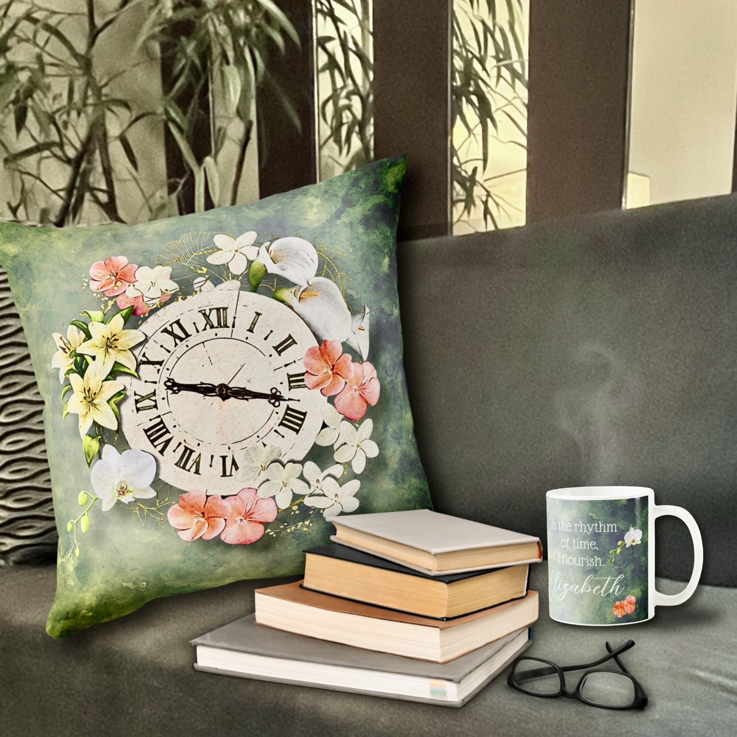 Timeless nostalgic throw pillow and mug with romantic and boho design, featuring intricate floral motifs.