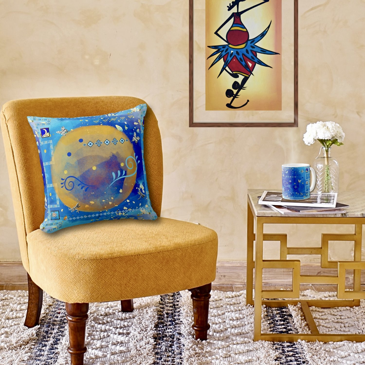 Tribal design mug and pillow with washed blue background and golden specks, creating a moody maximalist effect. Appeals to bohemian and eclectic tastes.