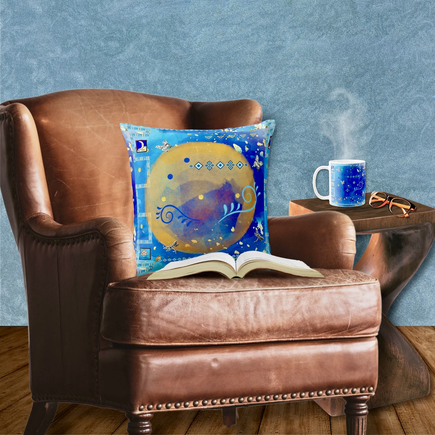 Tribal indigenous blue mug and pillow with bohemian flair.