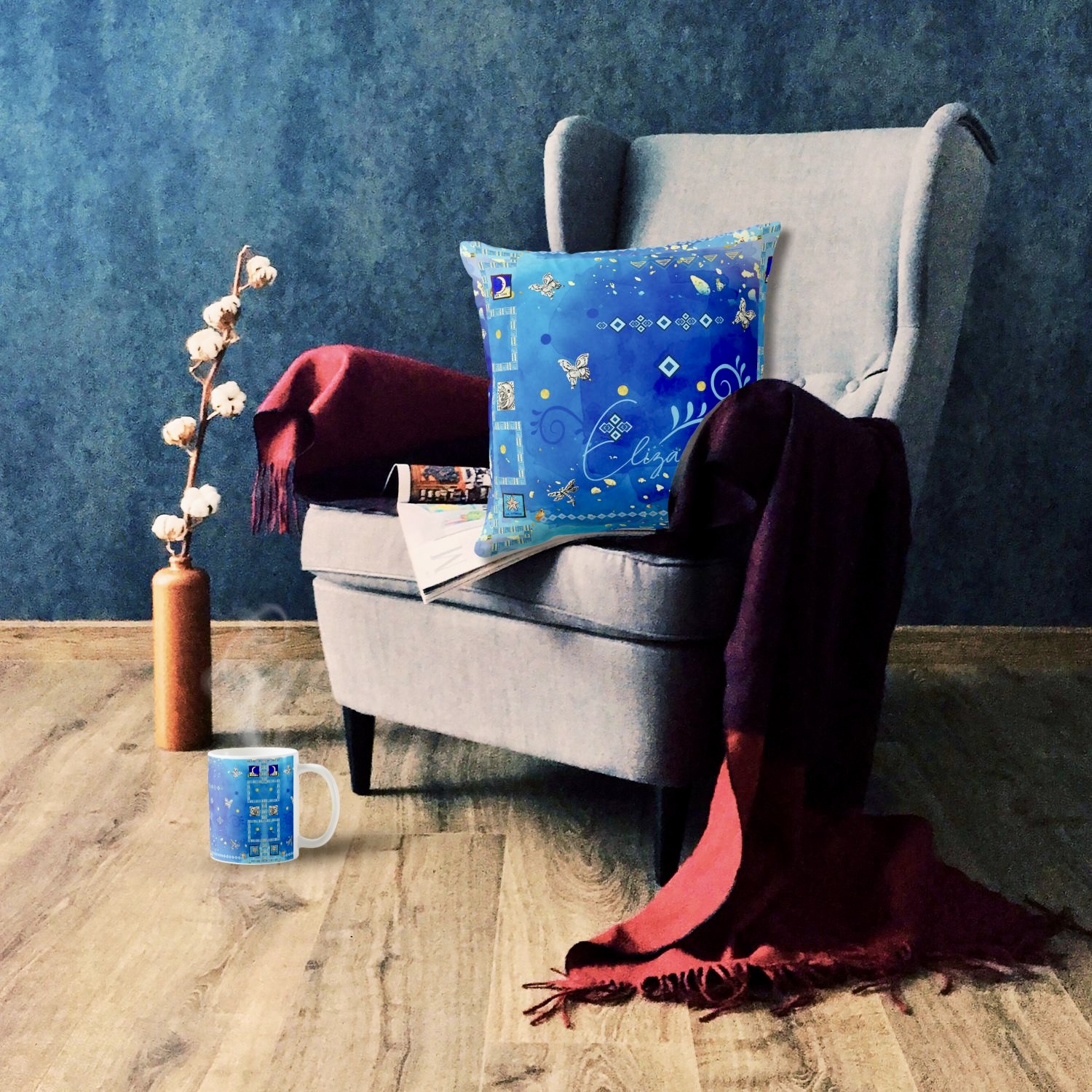 Our Tribal Blue Mug and Pillow: Fusion of Art and Functionality