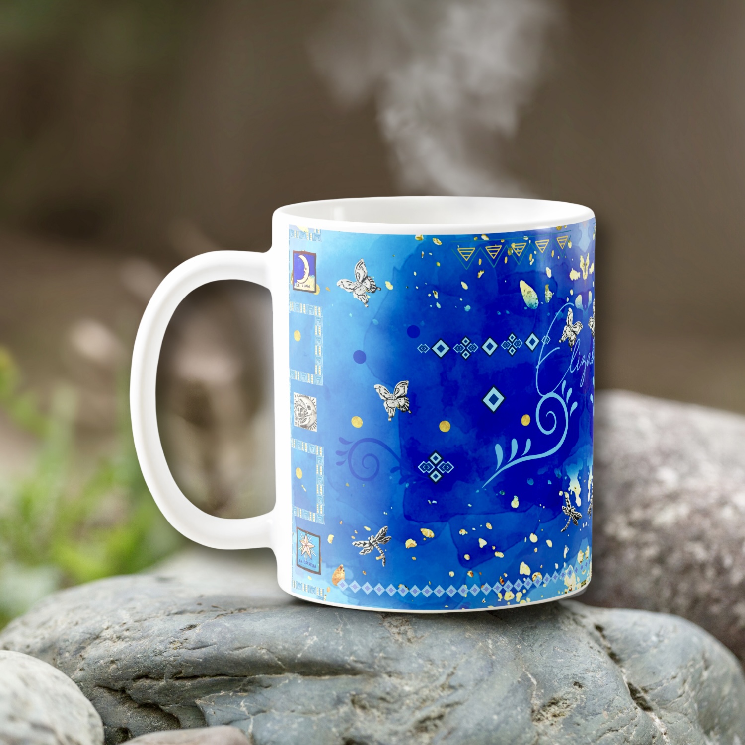 Blue Tribal mug personalized with name, inspired by Mexican indigenous art.