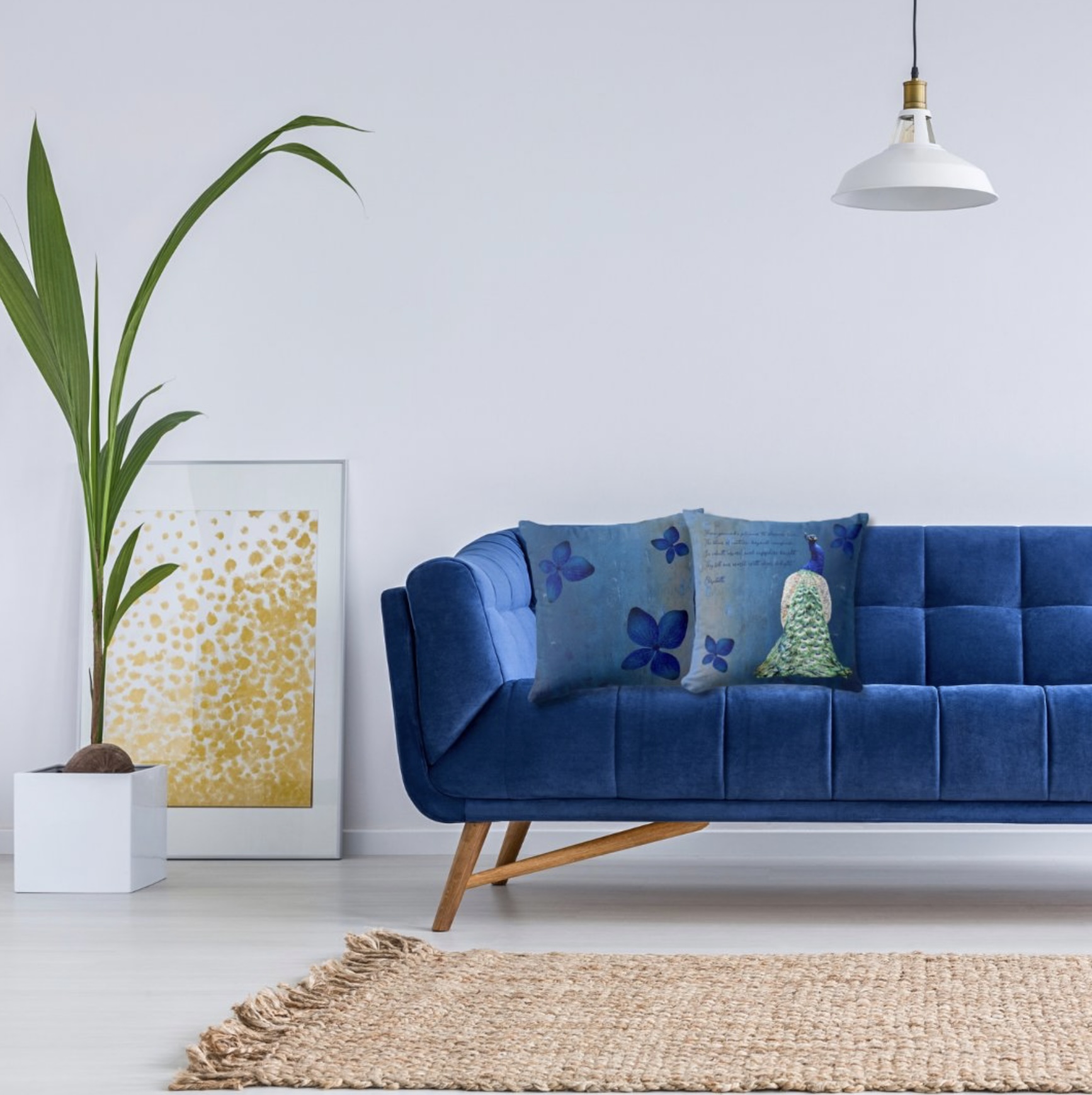 Vintage Peacock Custom Double Sided Pillow showcased against a cobalt blue sofa, creating an eclectic look.