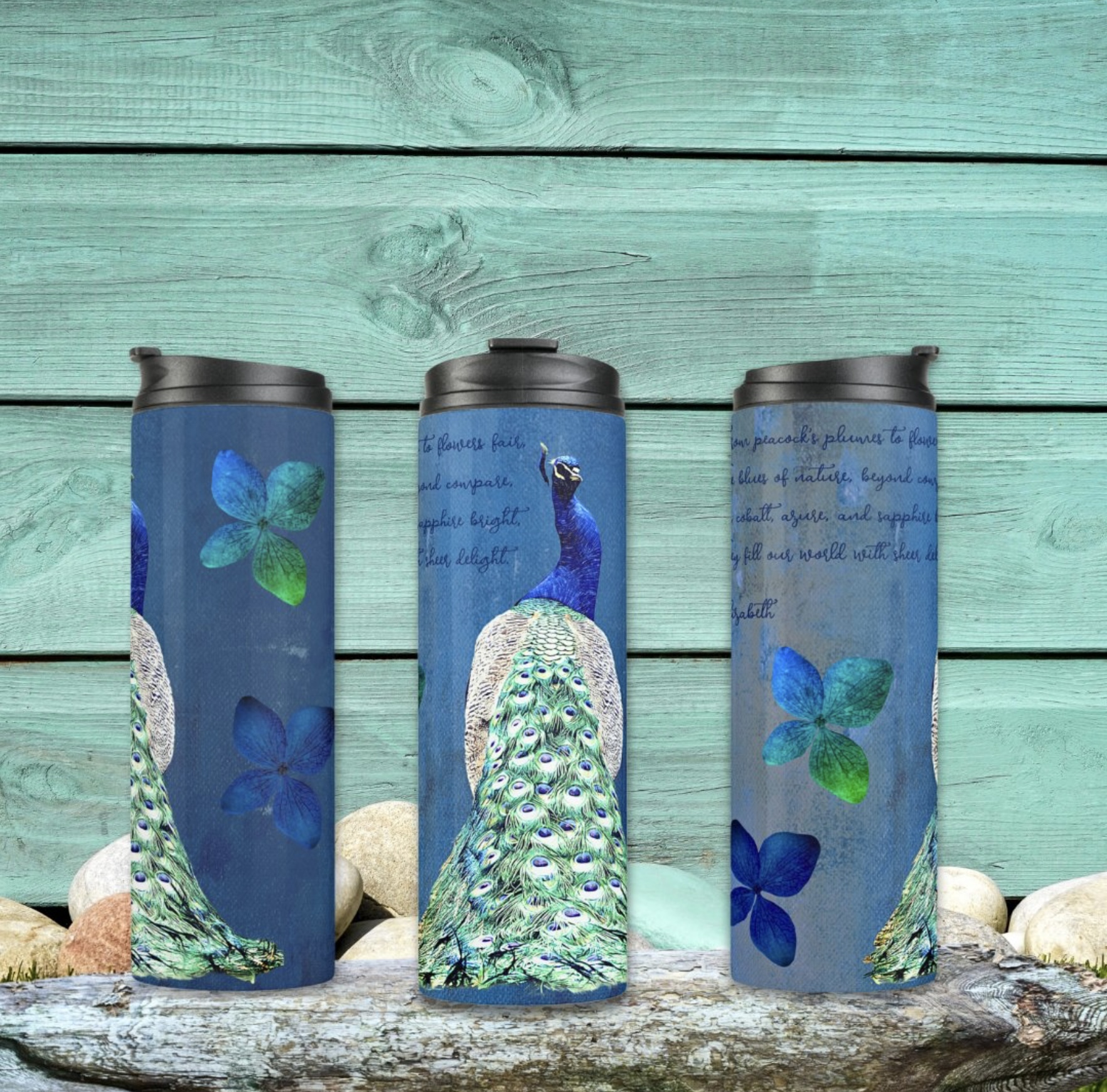 Three-sided view of the Vintage Peacock Custom Thermal Tumbler, showcasing its intricate peacock design and personalized customization