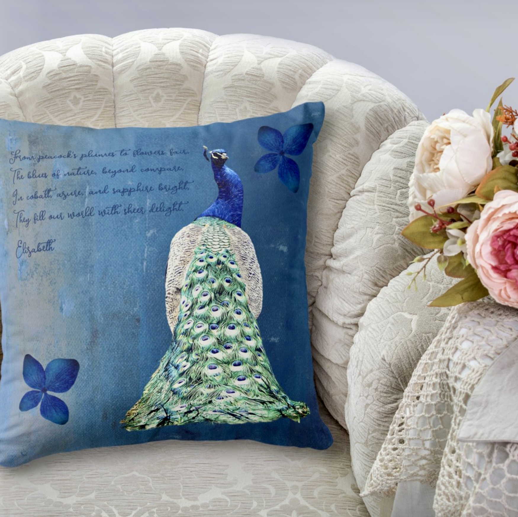 Vintage Peacock Customized Throw Pillow with personalized positive message.