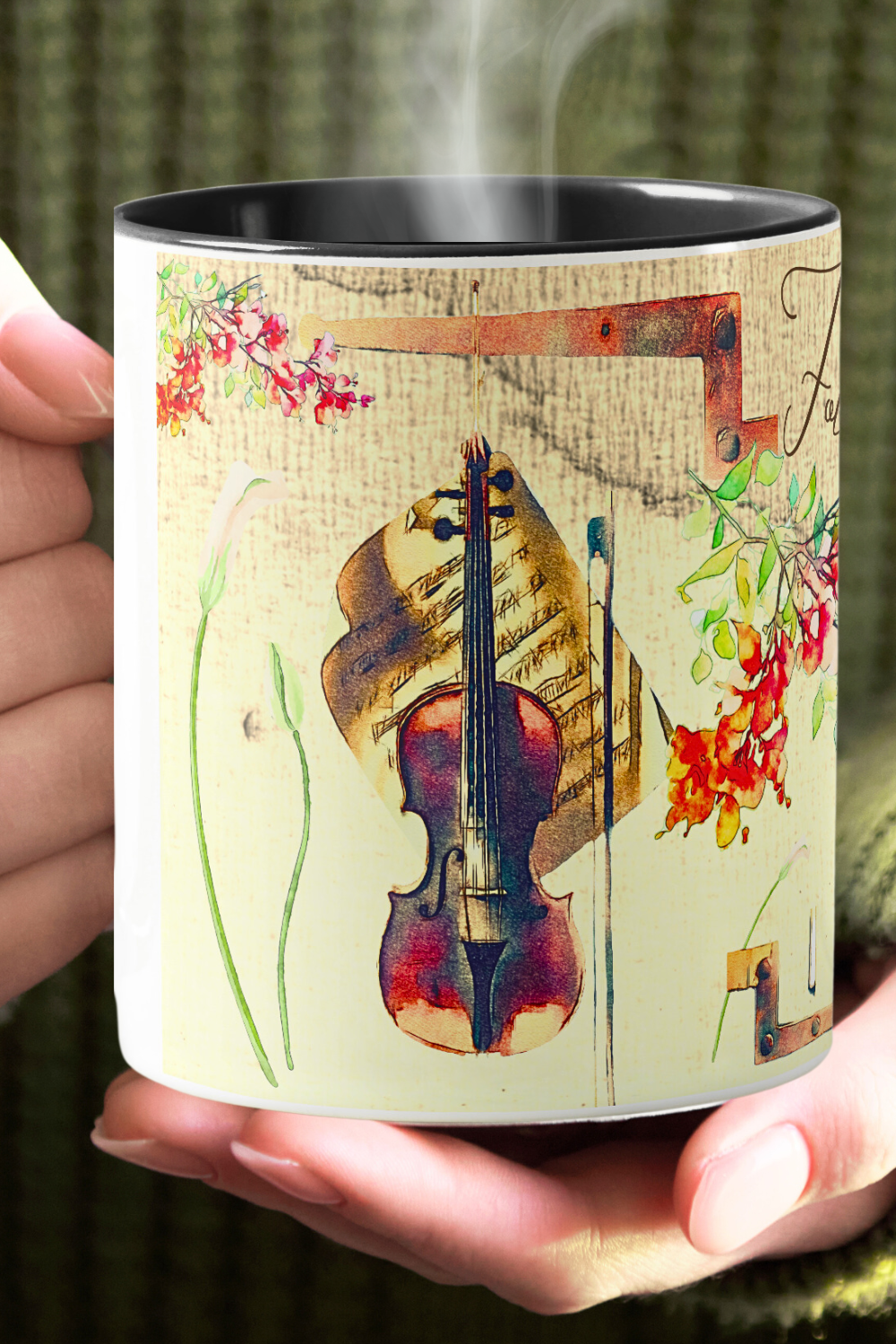 Coffee mug with a violin illustration and bougainvilleas over a beige washed out background.