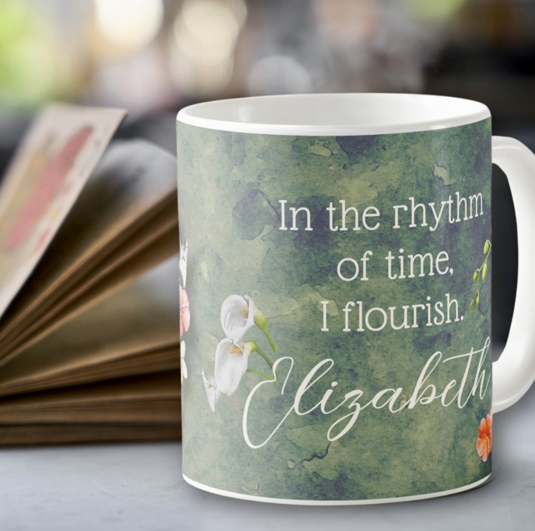 Bohemian mug featuring flowers, a clock, and personalized message