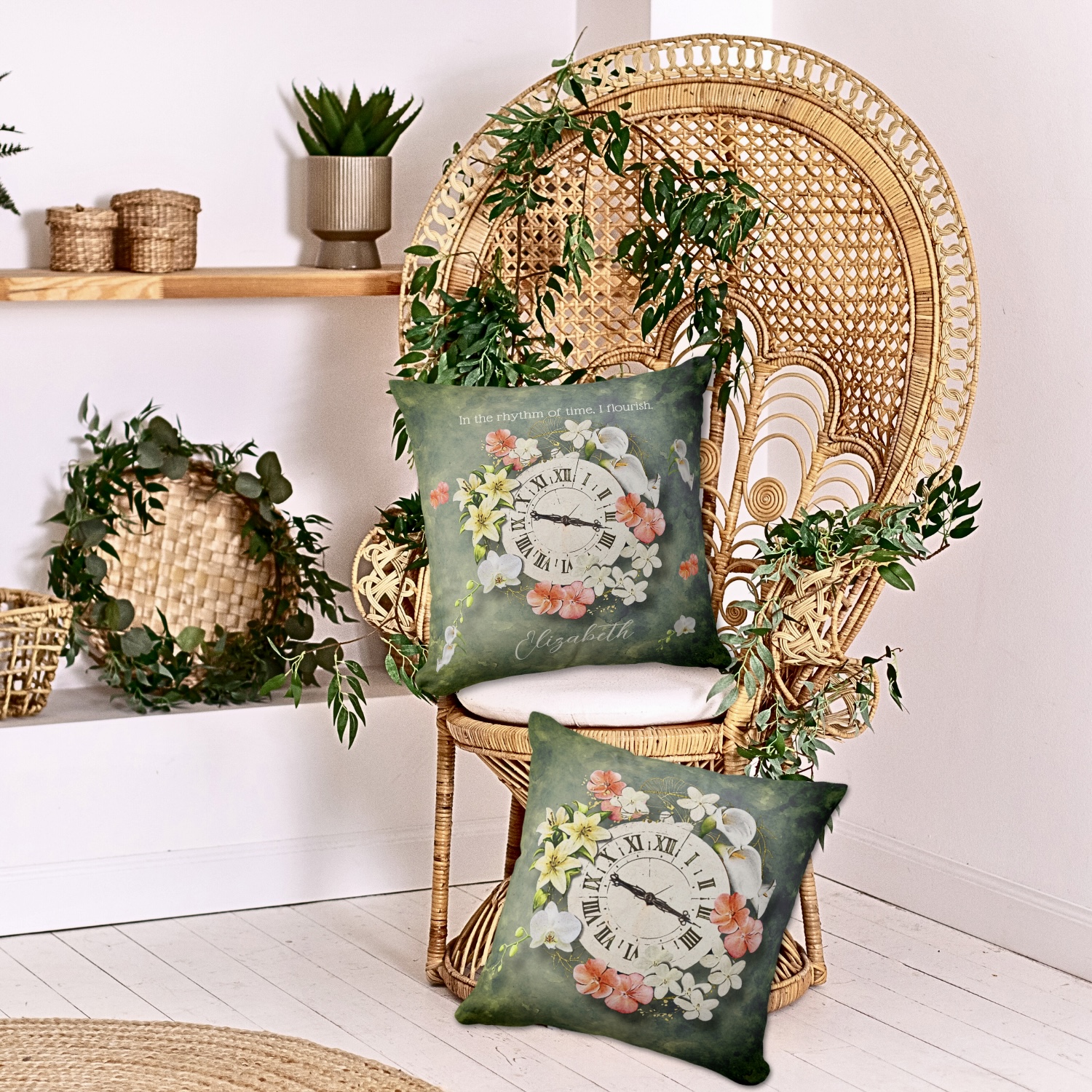 Two throw pillows with same vintage clock design with flowers, one pillow has also an inspirational message and space for a name.