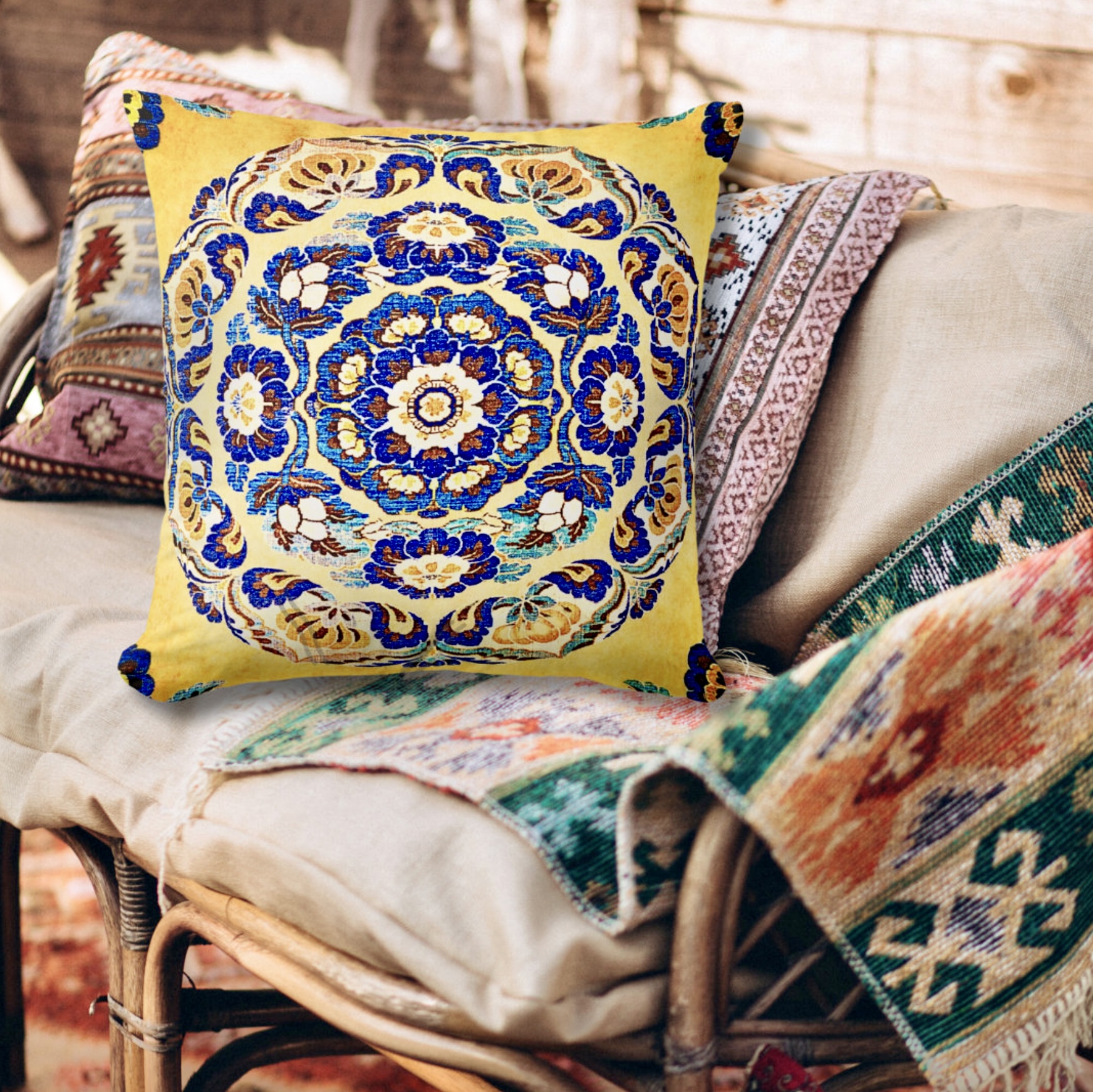 Throw pillow with blue flowers medallion on a soft mustard color surface. 