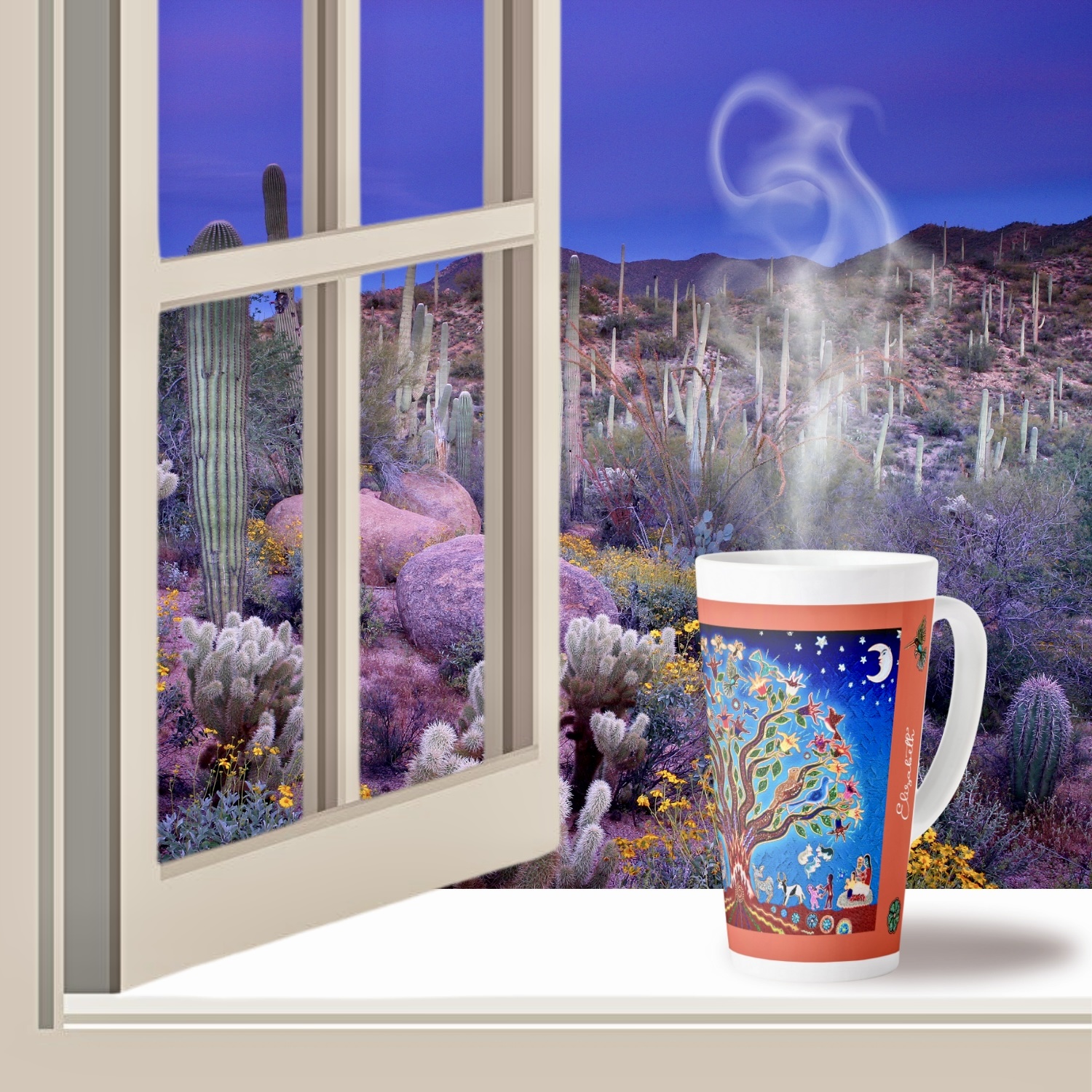 A latte mug featuring the Night Sky Tree of Life design. The mug showcases a vivid depiction of a tree with swirling branches against a dark blue background dotted with stars, evoking a sense of mystery and tranquility.