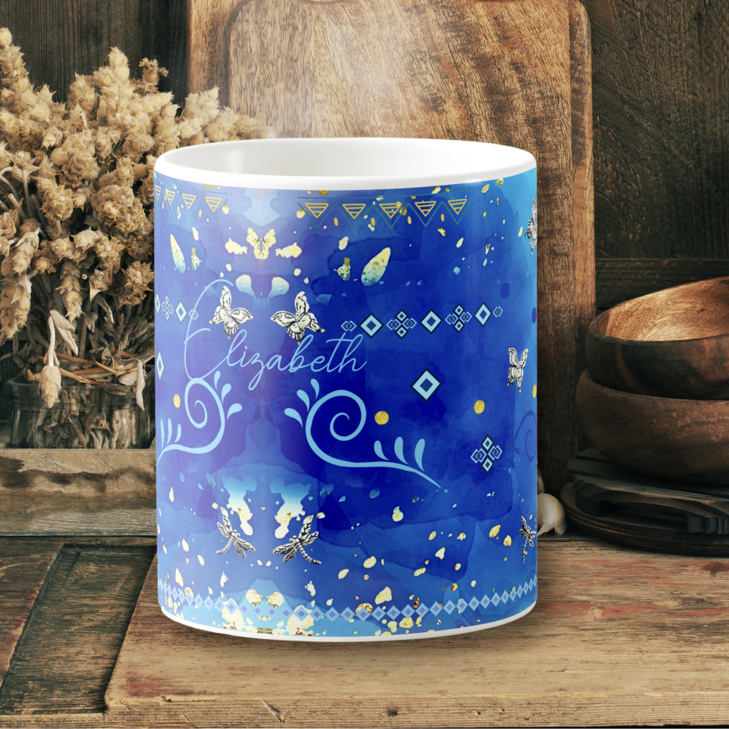 Blue mug with Mexican art in silver and light blue color, personalized with a name.