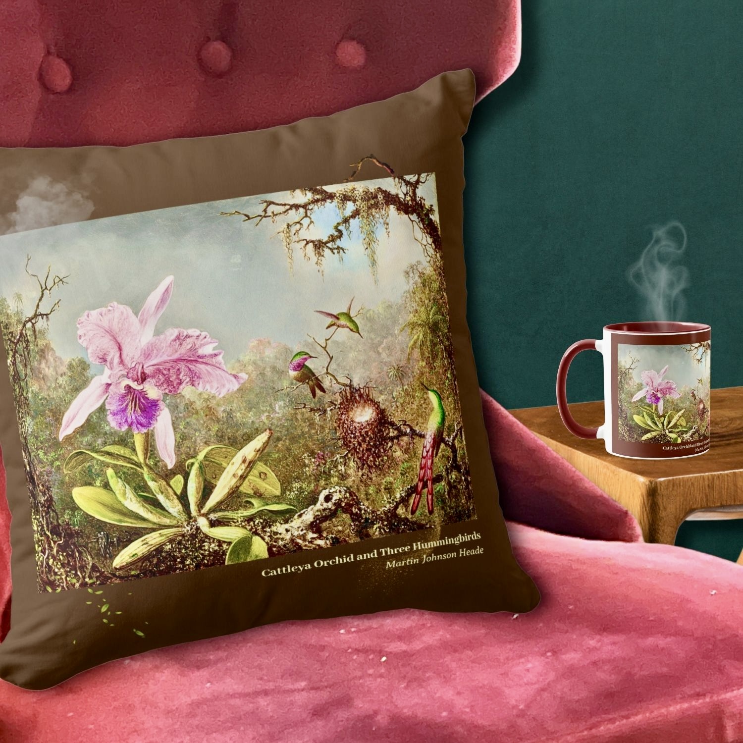 A plush throw pillow and a ceramic mug adorned with the majestic 'Cattleya Orchid and Three Hummingbirds' artwork, offering serenity and comfort in your living space.