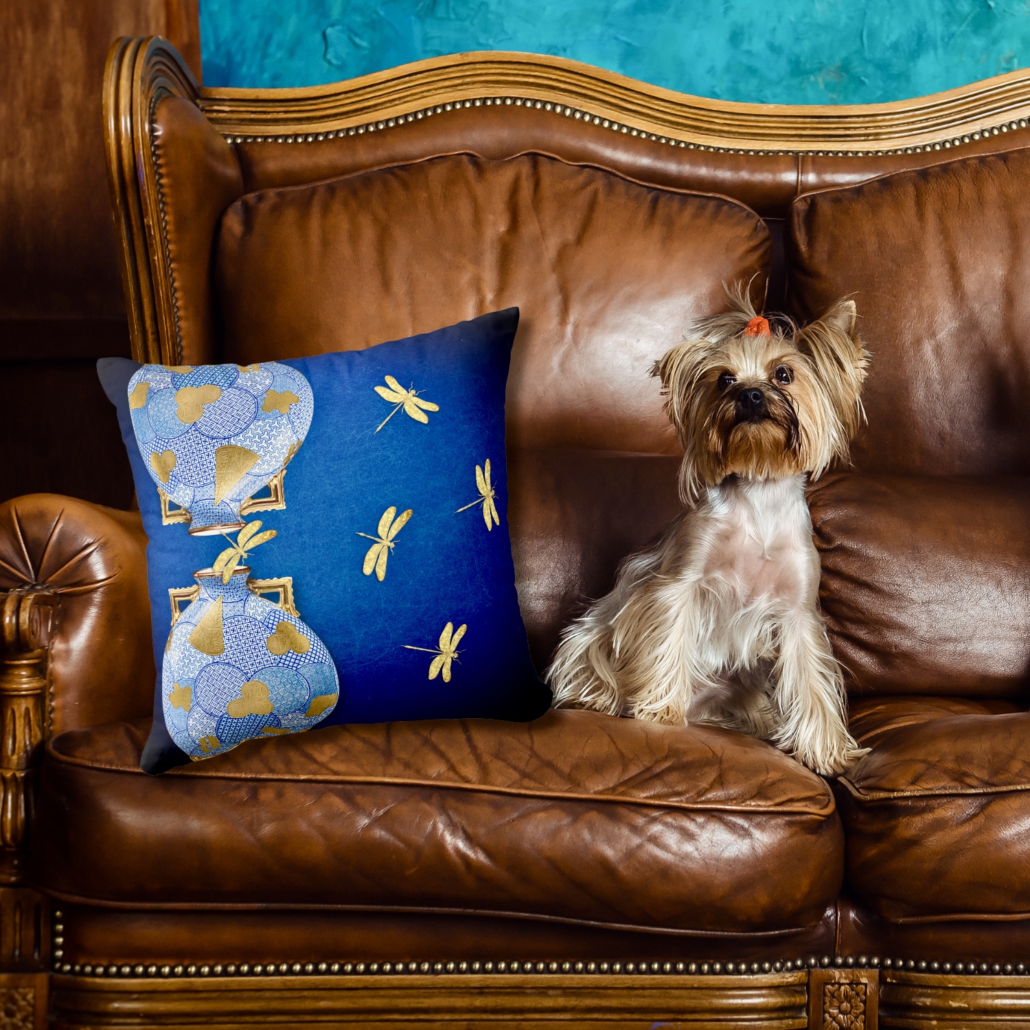 Japanese-inspired blue and gold decorative pillow adorned with intricate golden leaf motifs and delicate blue patterns, part of a coordinated collection with matching mug and tumbler designs.