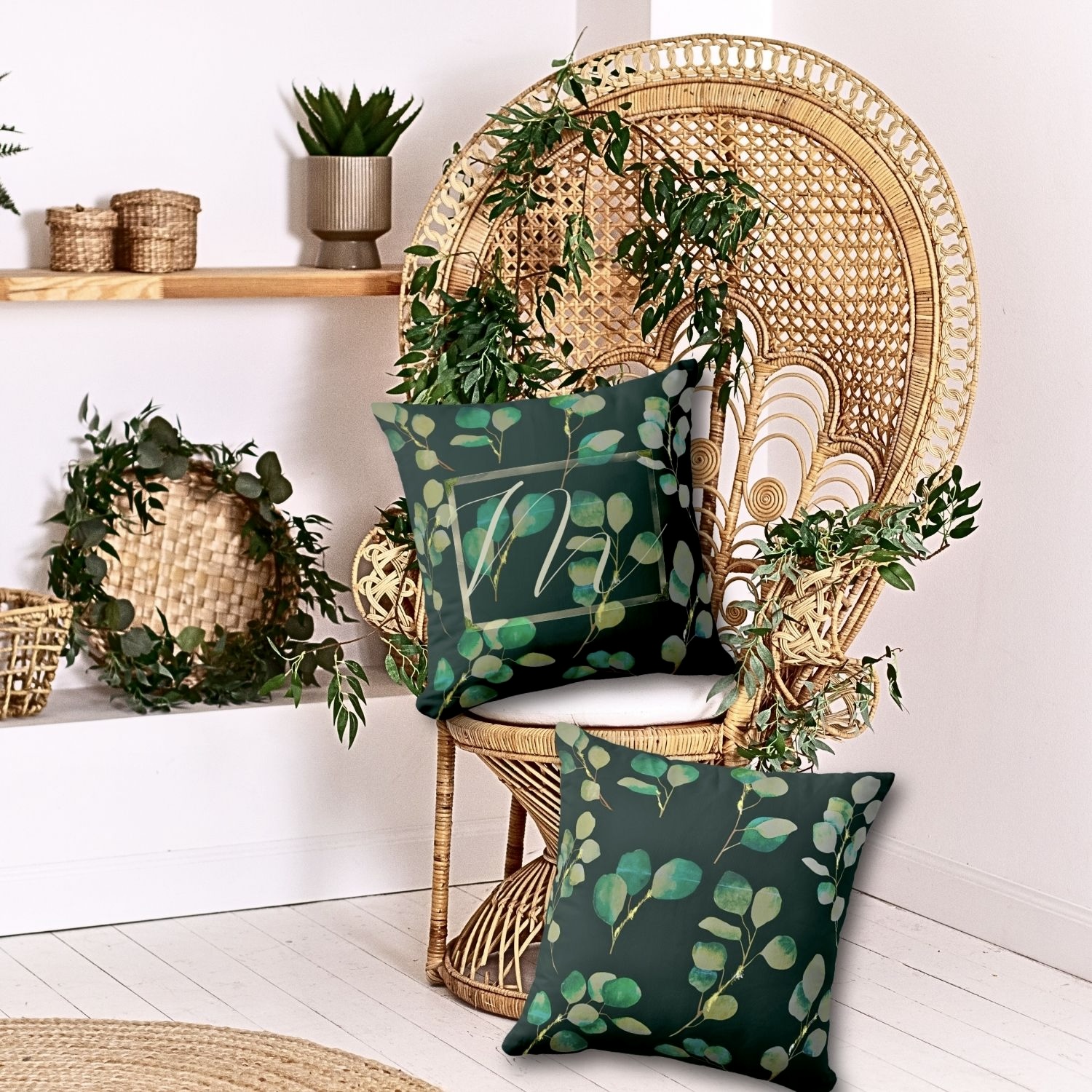 Maximalist accent piece: Moody Green Monogrammed Throw Pillow against a dark green background.
