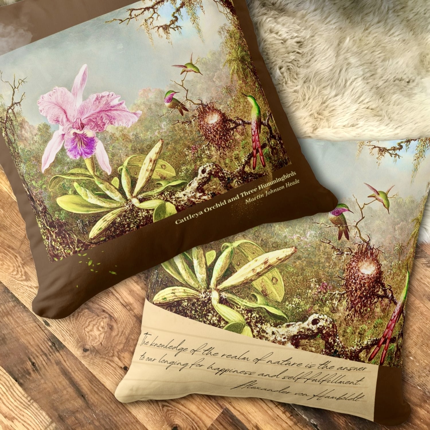 Plush throw pillow featuring double-sided design with captivating 'Cattleya Orchid and Three Hummingbirds' artwork for enhanced comfort and style.