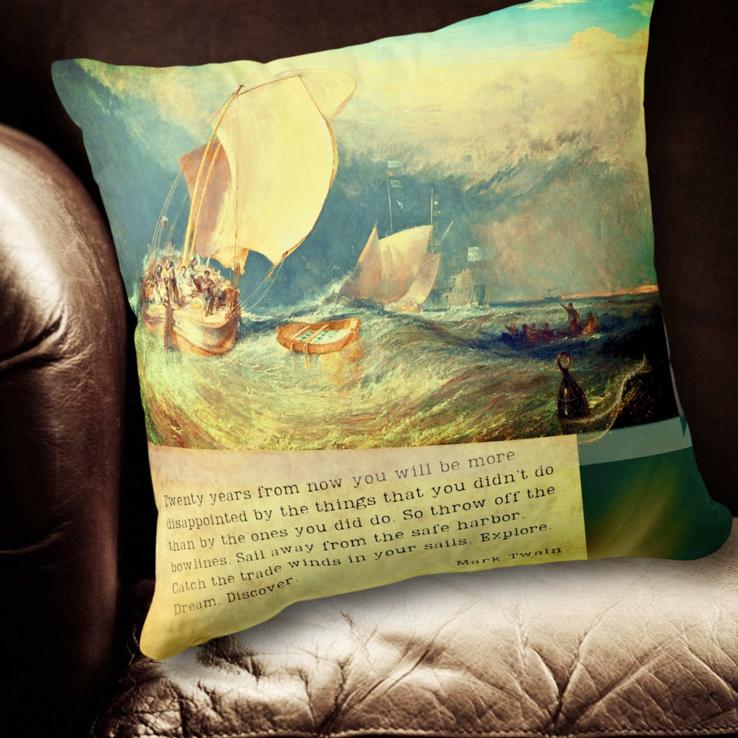 A maximalist accent throw pillow featuring a vibrant painting of fishing boats, accompanied by an inspirational quote from Mark Twain.