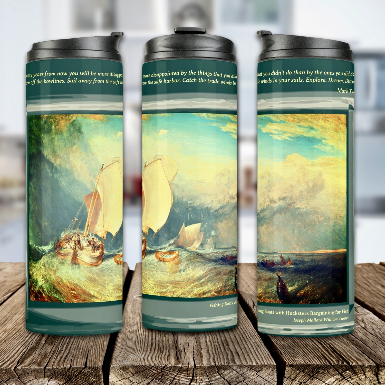 Three-sided view of a maximalist tumbler featuring a vibrant painting of fishing boats, accompanied by an inspirational quote from Mark Twain.