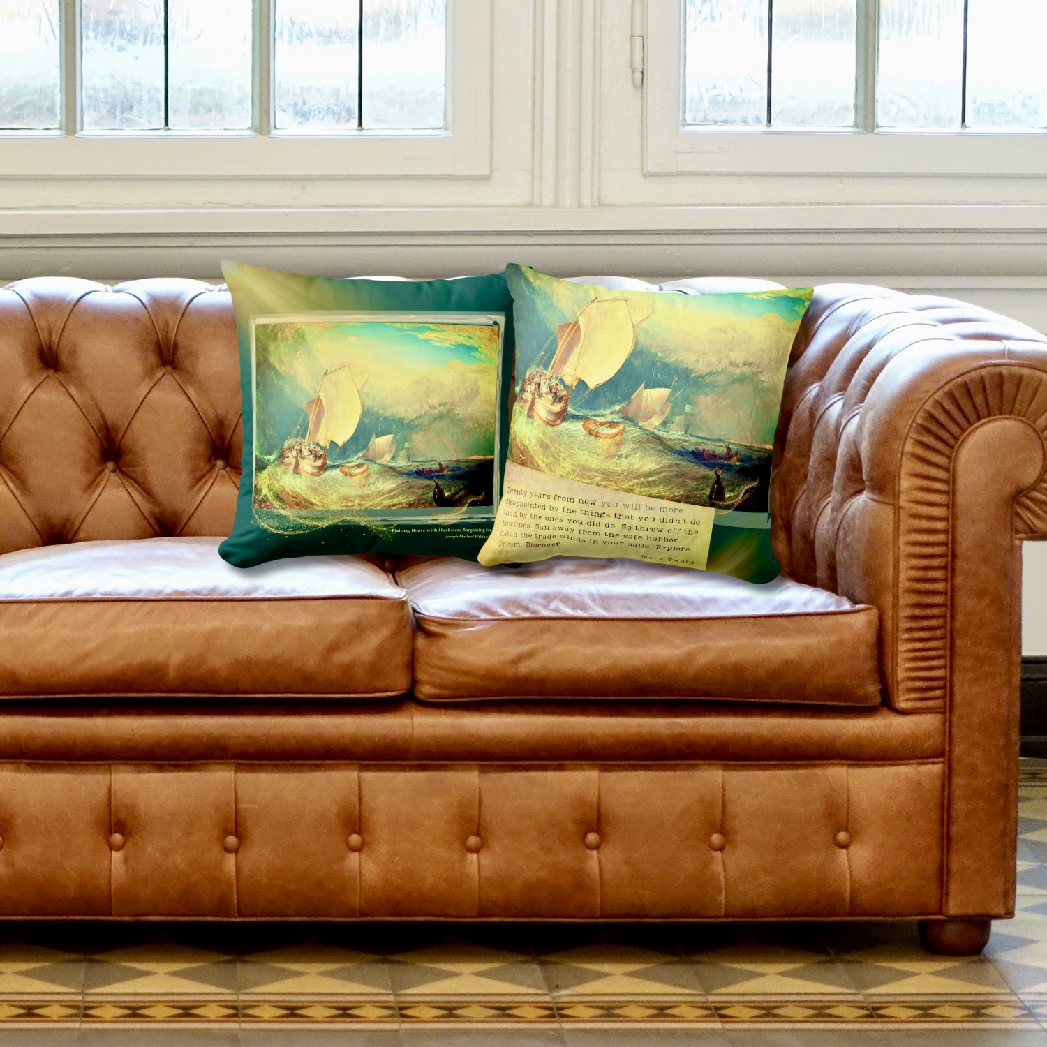 A decorative maximalist throw pillow featuring a painting of fishing boats on both its front and back sides.