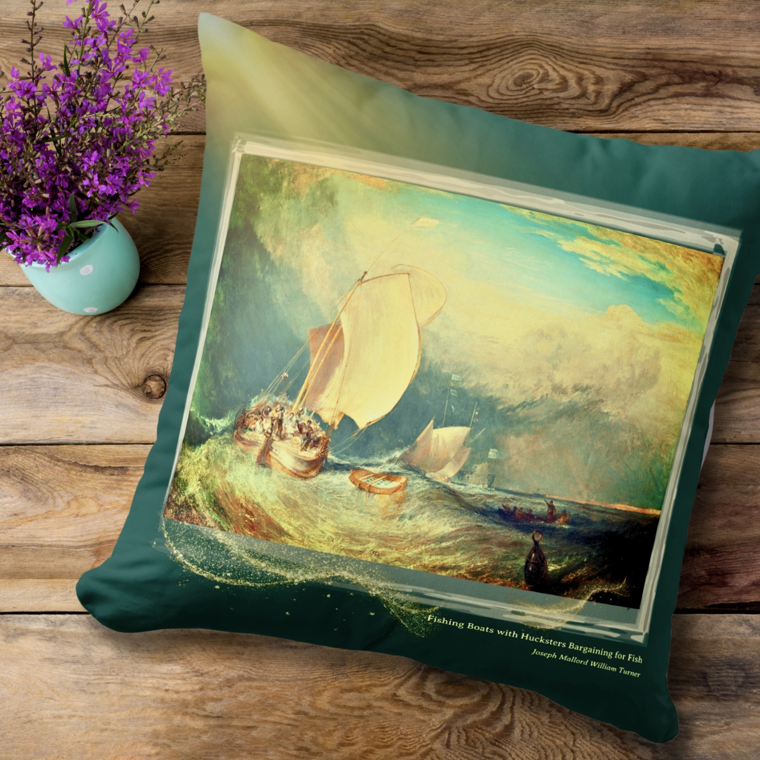 A maximalist throw pillow featuring a vibrant painting of fishing boats navigating the sea.