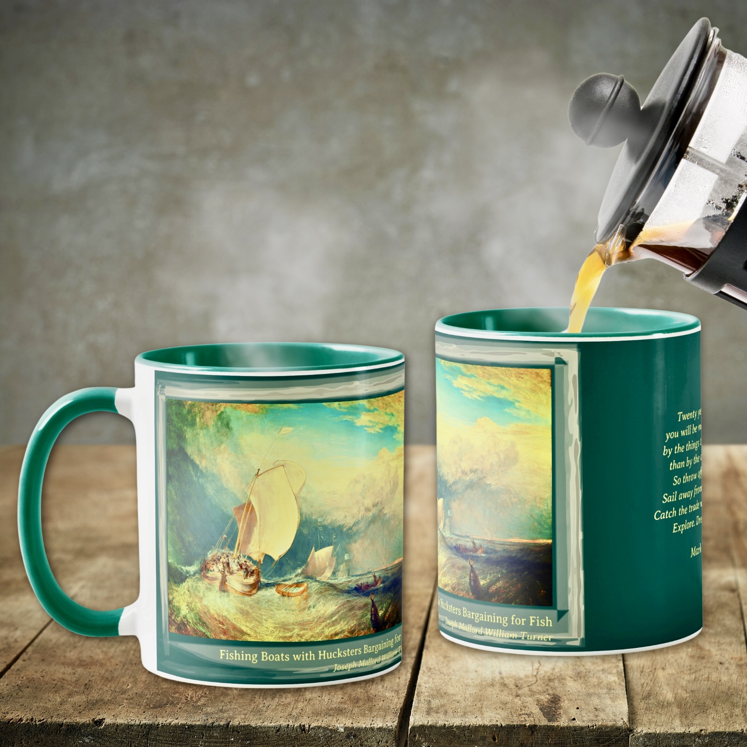 Side views of a mug design featuring a vibrant painting of fishing boats on the ocean, with one side displaying a quote from Mark Twain.