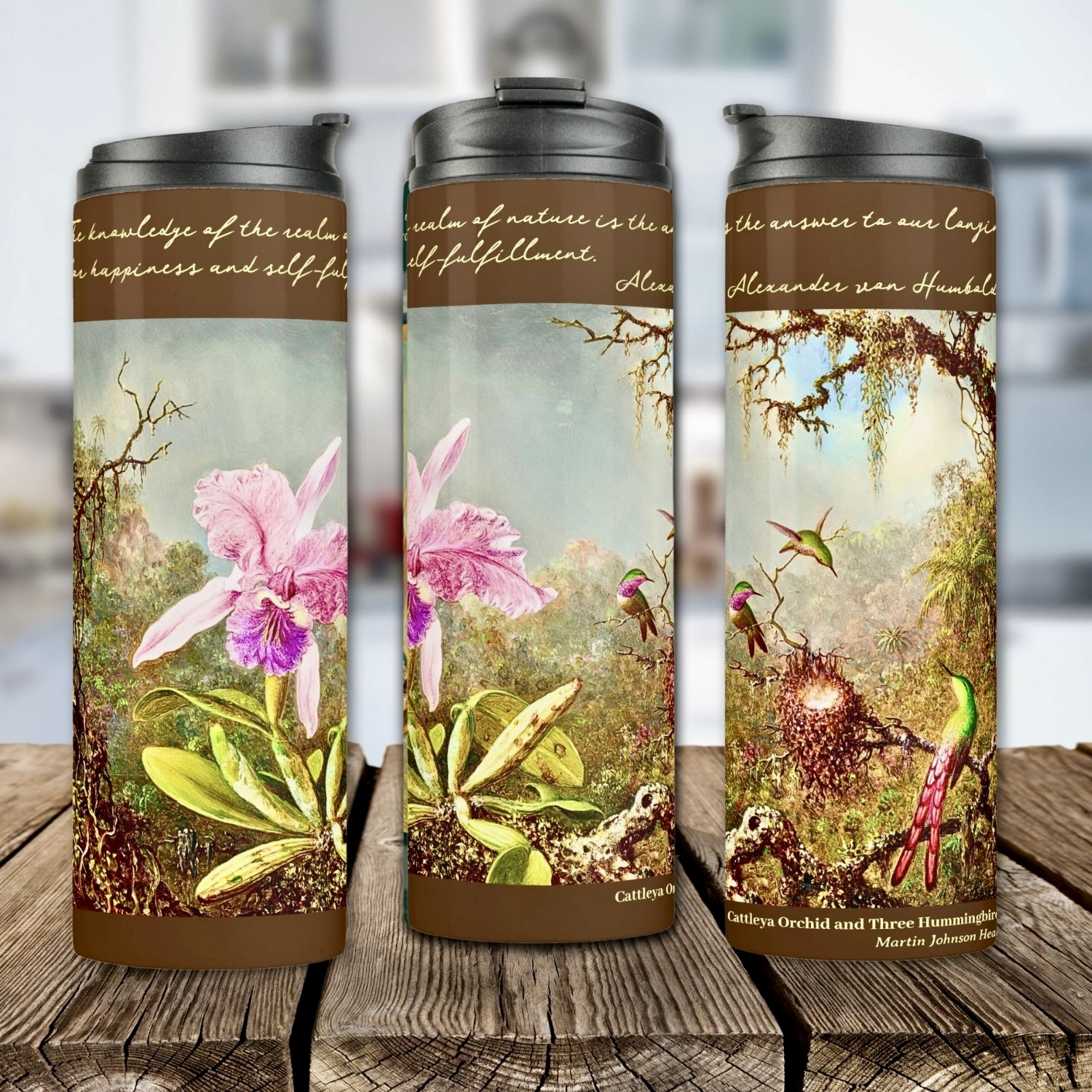 Tranquil Tumbler: A sleek tumbler featuring the serene 'Cattleya Orchid and Three Hummingbirds' artwork for moments of elegance and tranquility.