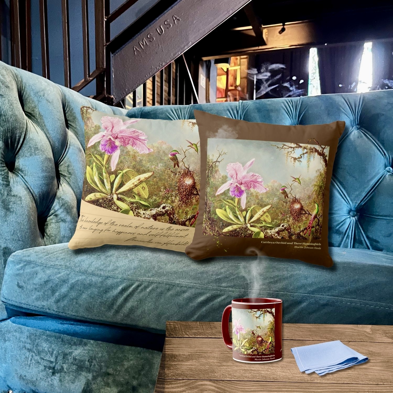 Plush throw pillow and ceramic mug featuring 'Cattleya Orchid and Three Hummingbirds' artwork, offering serenity and comfort in living space.