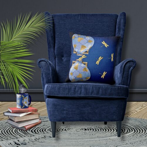 A blue and gold pillow featuring Japanese antique art-inspired design.