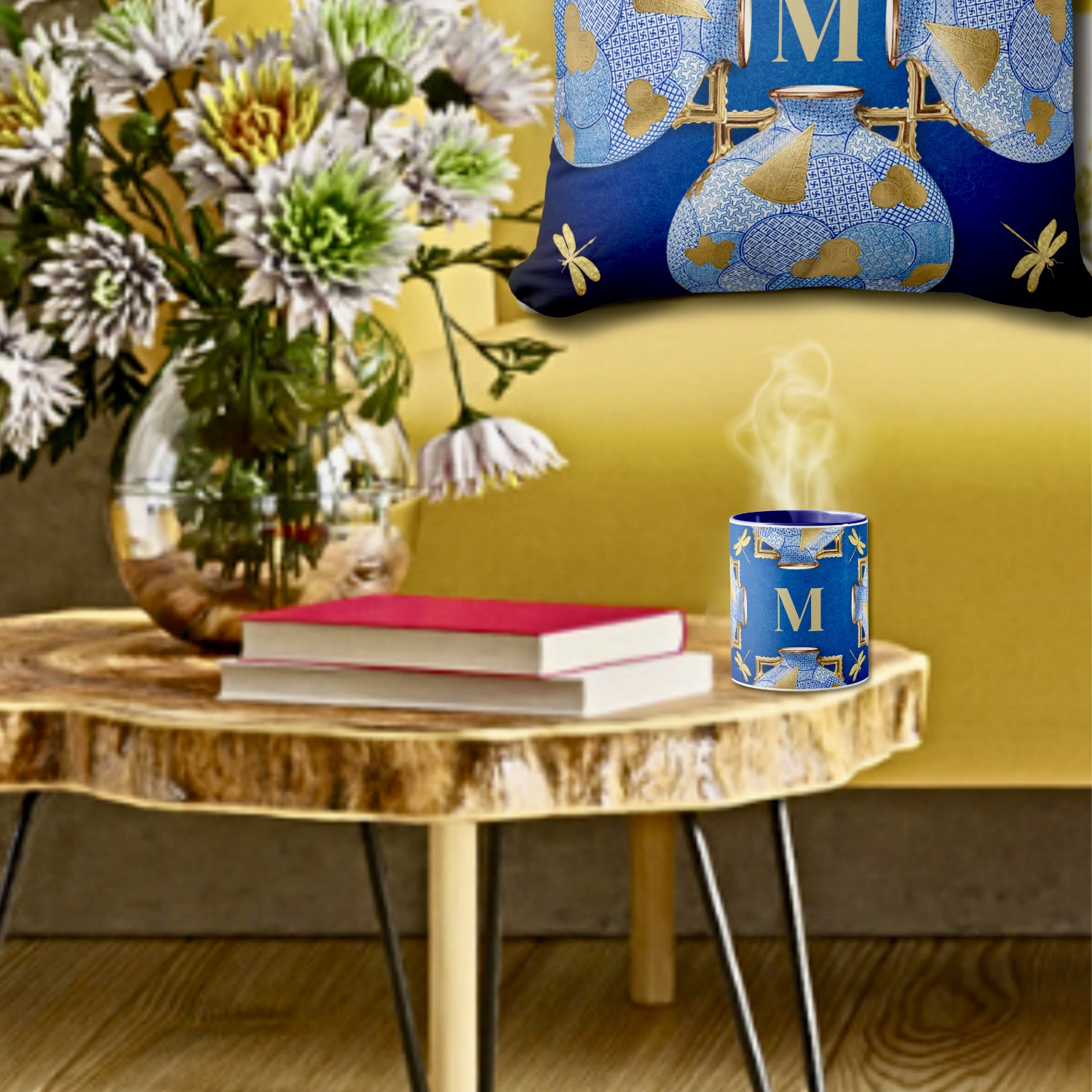 Japanese-inspired decorative pillow adorned with intricate golden leaf motifs and delicate blue patterns, part of a coordinated collection with matching mug and tumbler designs, shown alongside the mug.