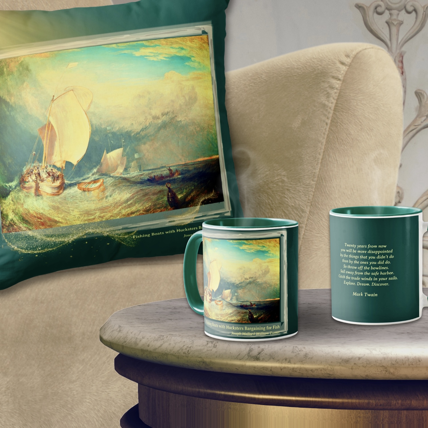 A close-up view of a maximalist fishing boats painting depicted on a mug and pillow.