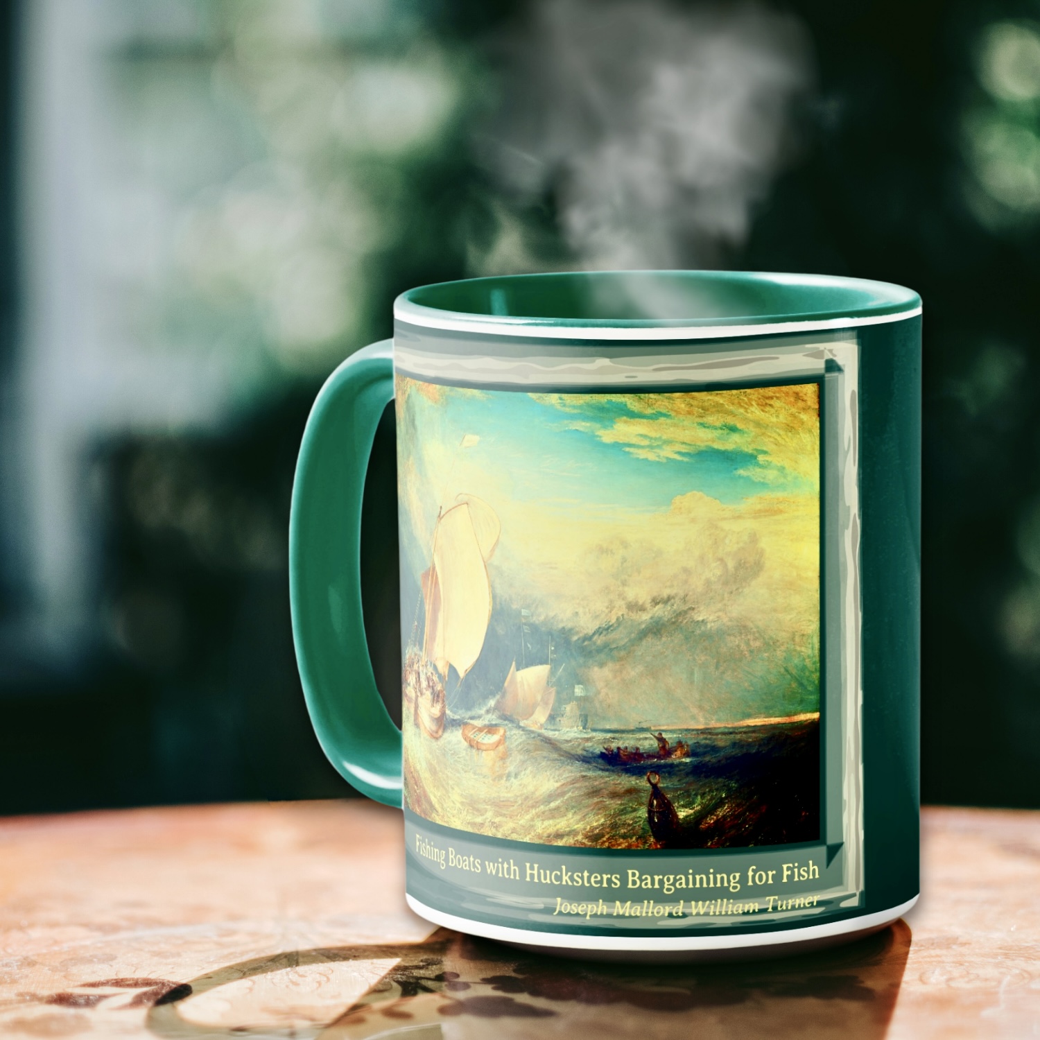 An image of a maximalist mug featuring a vivid painting of fishing boats navigating through turbulent waters.