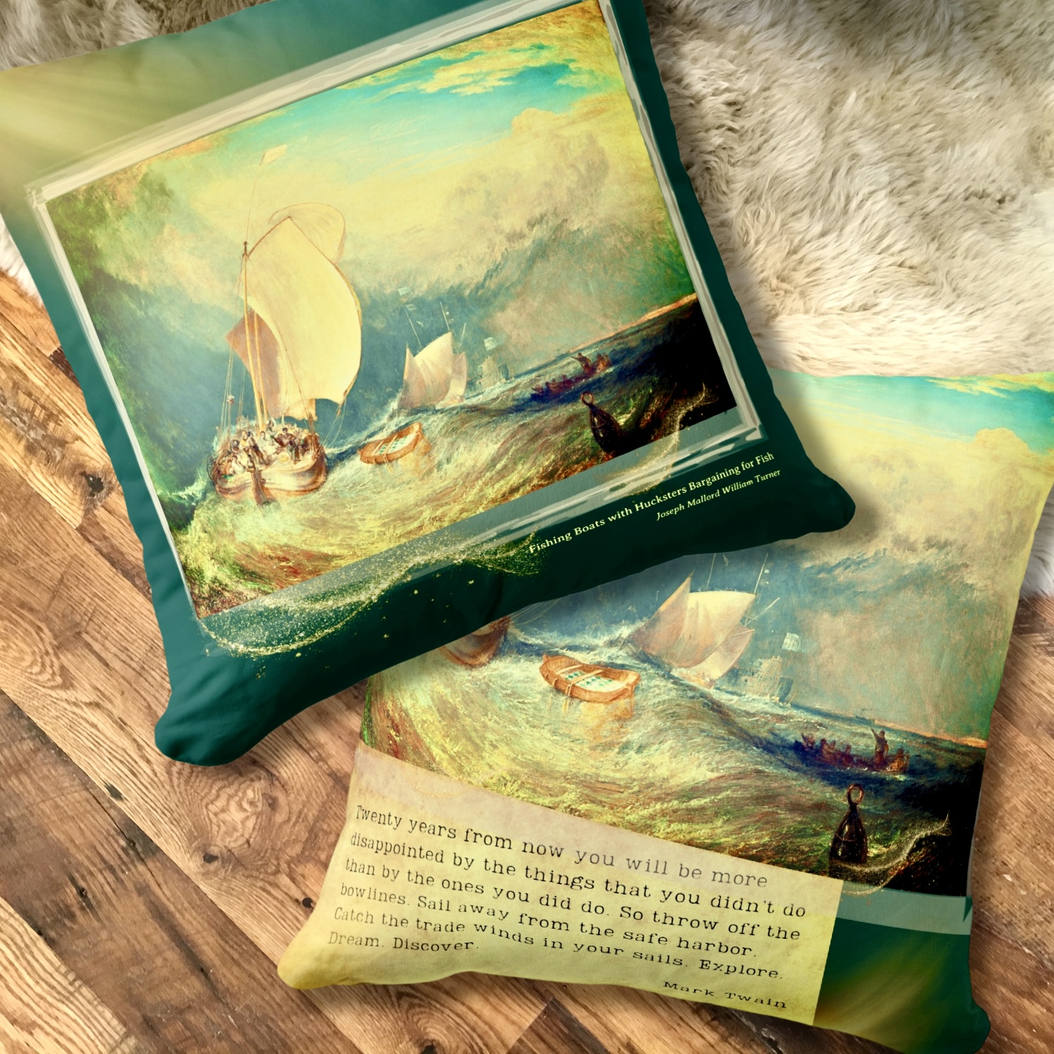 A decorative throw pillow showcasing a maximalist painting of fishing boats on its front and back sides.