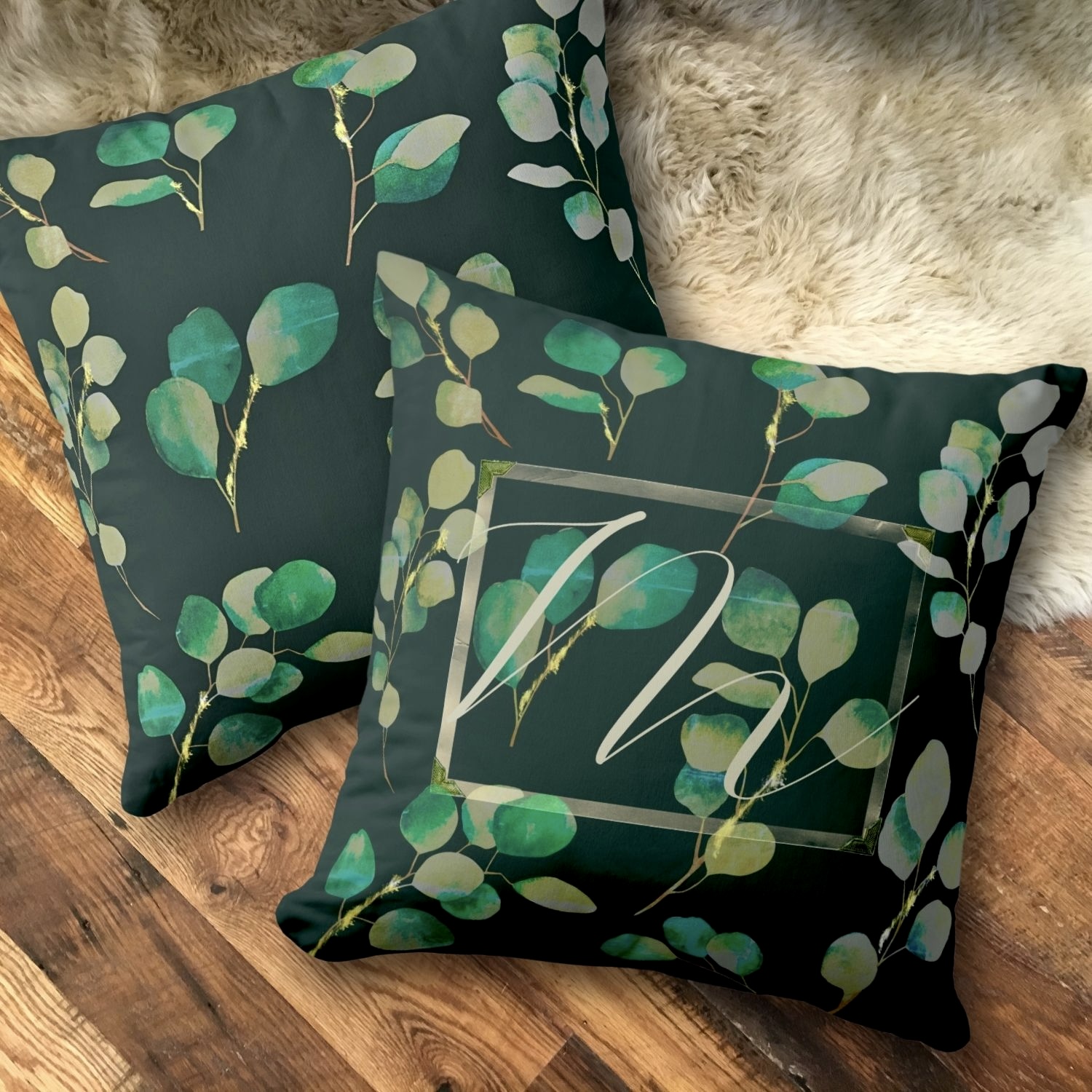 Customized elegance: Moody Green Monogrammed Throw Pillow with classic font initial.