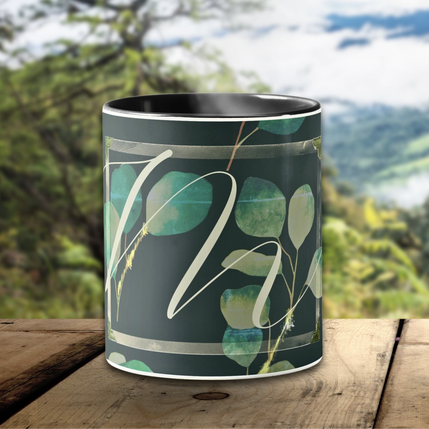 Moody Green Monogrammed mug with minty tone leafs, and golden specks.