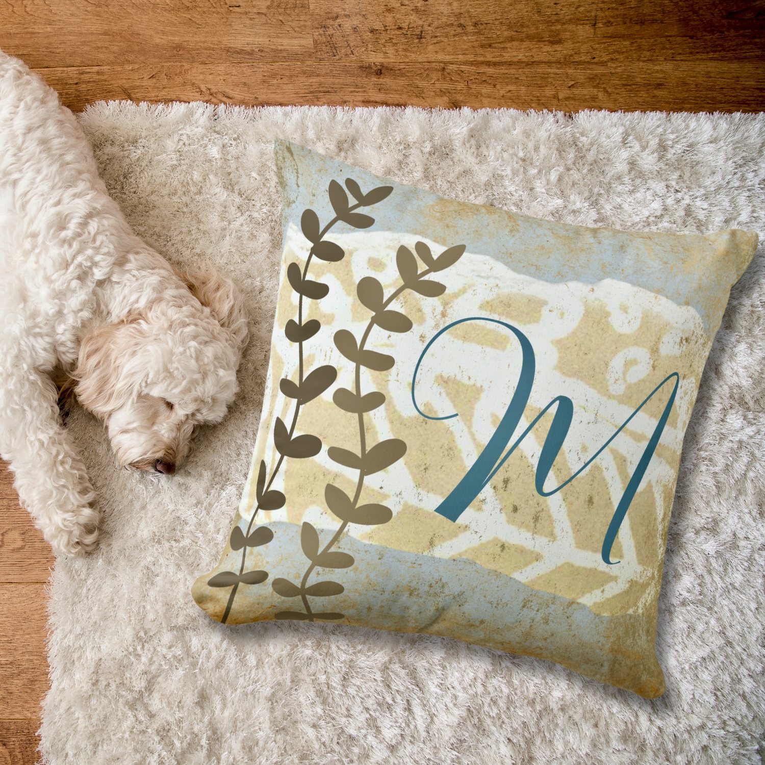 Monogrammed earthy blue and brown tones throw pillow. Boho style. Pillow has a matching mug.