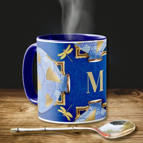 Japanese-inspired coffee mug adorned with intricate blue and gold designs, complementing a coordinated home decor collection evoking elegance and sophistication.