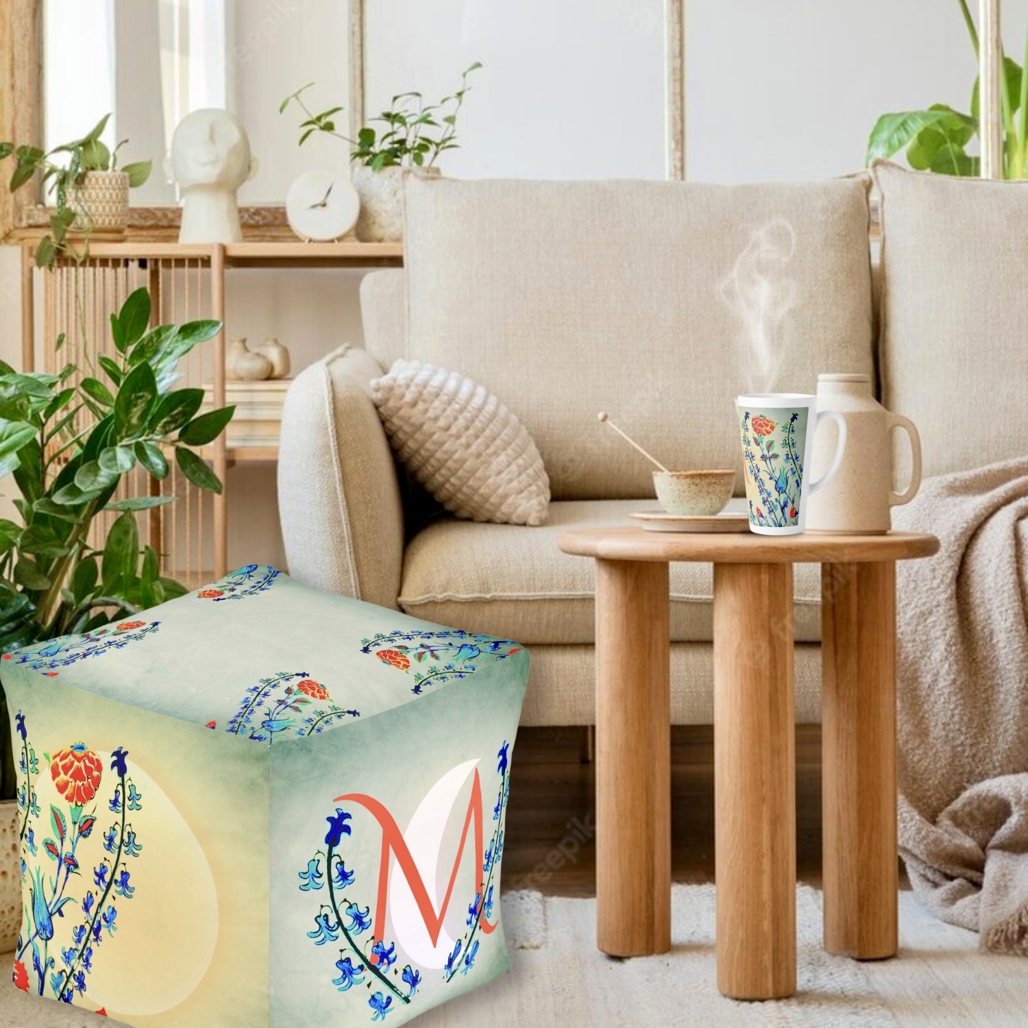 An Antique Floral Monogram Pouf and Latte Mug adorned with delicate floral patterns in shades of blue, green, and red, offering vintage charm and elegance to any space.