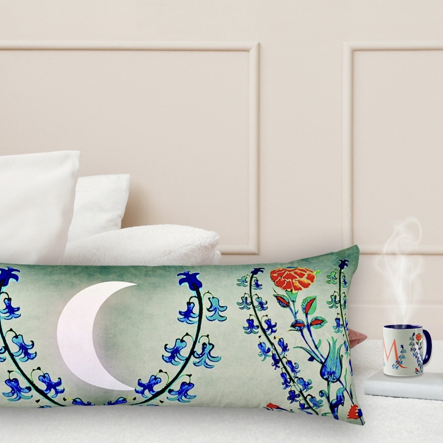 An Antique Floral Monogram Body Pillow featuring a centered crescent moon amidst delicate vintage floral patterns, offering comfort and style with a touch of celestial elegance.